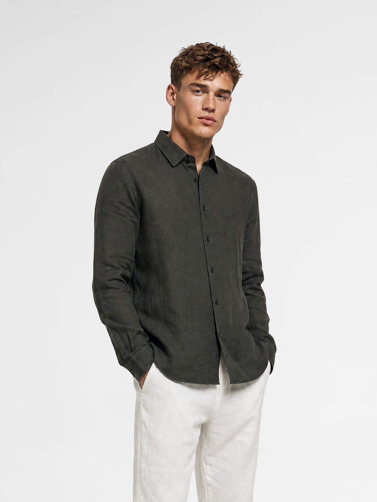 MAISON 9 PARIS 20 Dark Khaki Linen Shirt