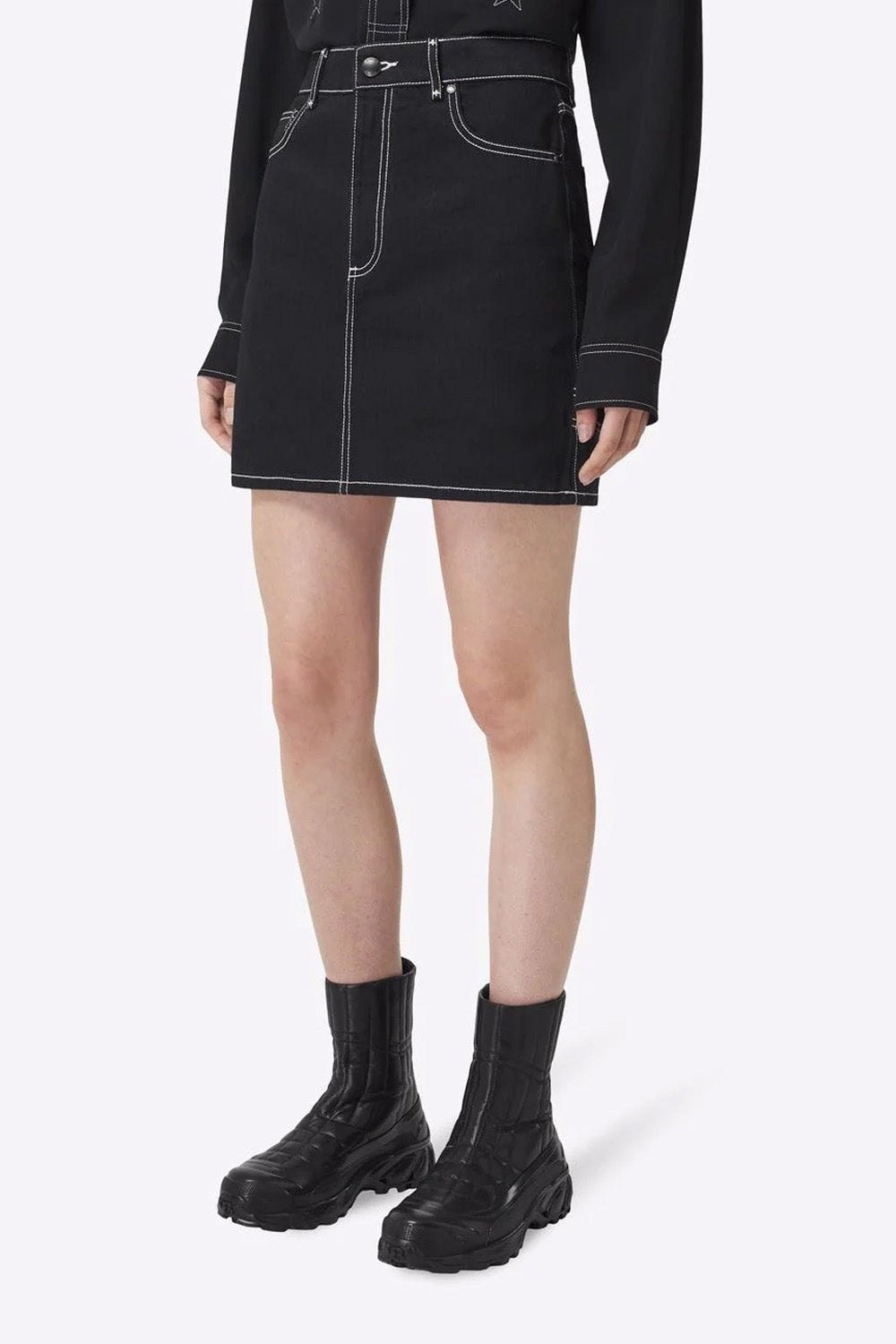 Burberry contrast-stitch raw-denim skirt