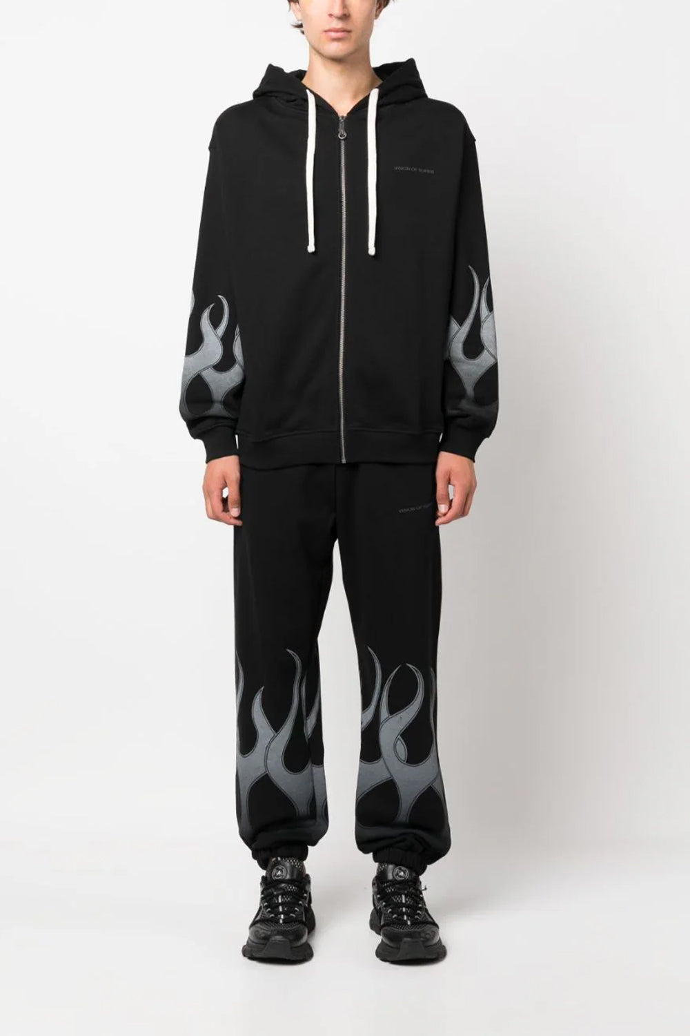 VISION OF SUPER BLACK ZIP HOODIE WITH GREY FLAMES