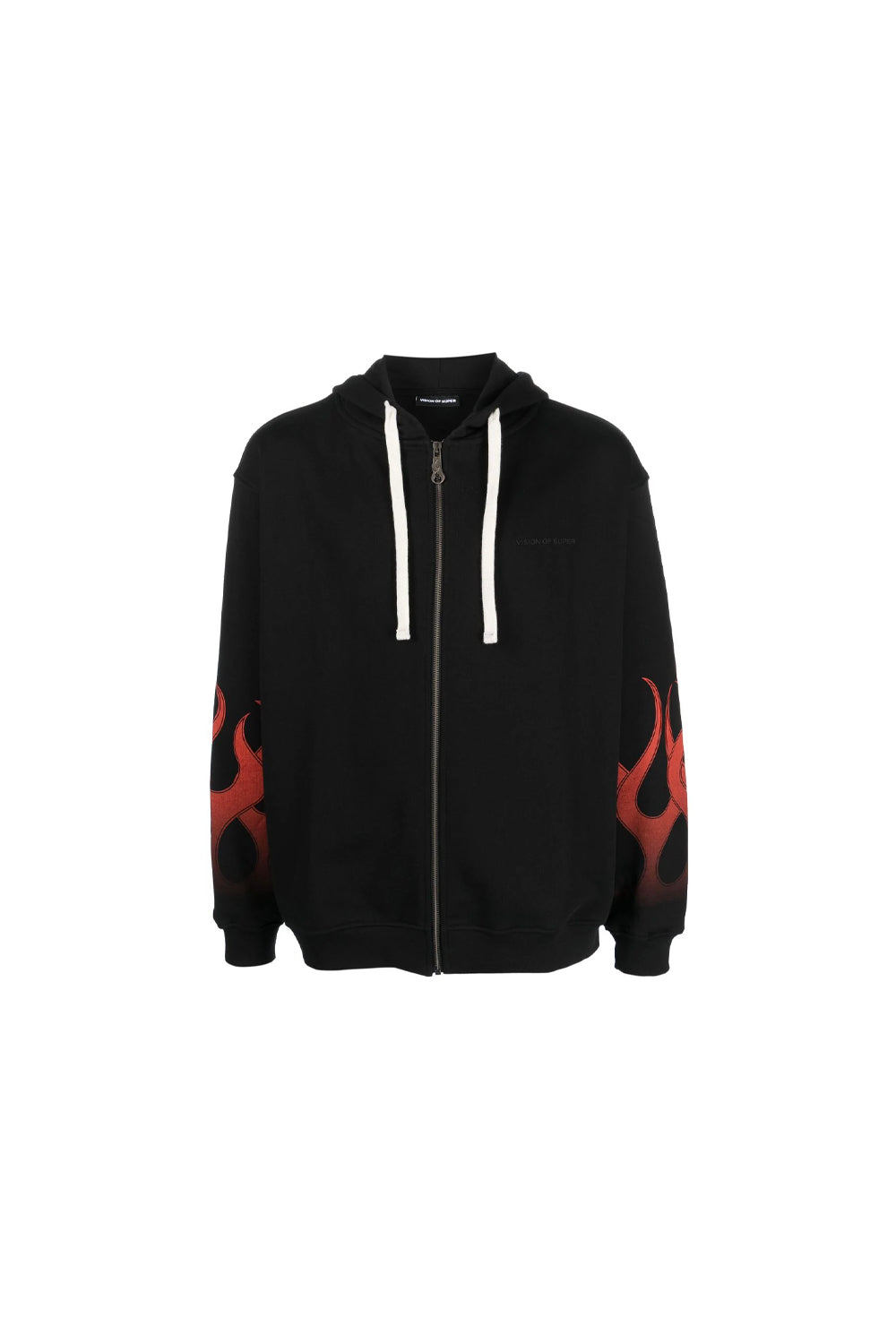 VISION OF SUPER BLACK ZIP HOODIE WITH RED FLAMES