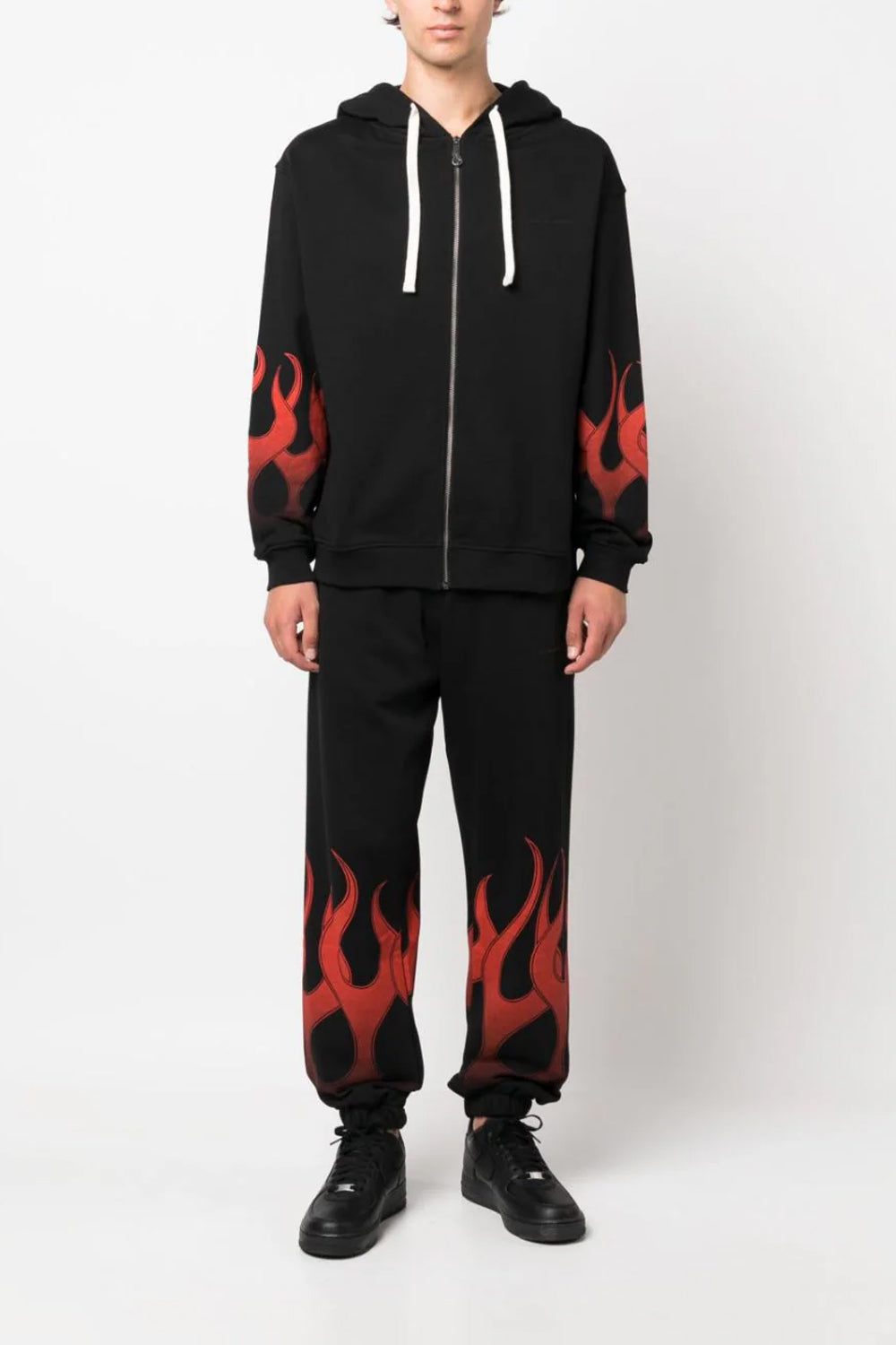 VISION OF SUPER BLACK ZIP HOODIE WITH RED FLAMES