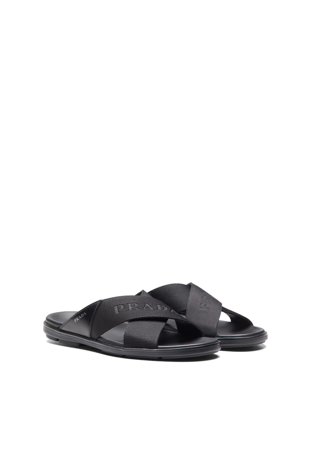 Prada Brushed leather and nylon tape crisscross slides