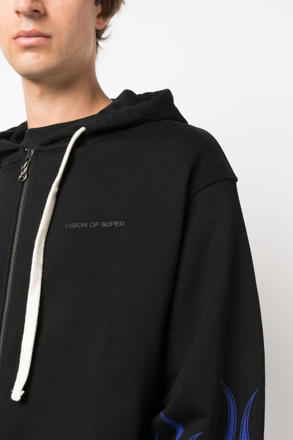 VISION OF SUPER BLACK HOODIE ZIP WITH BLUE FLAMES