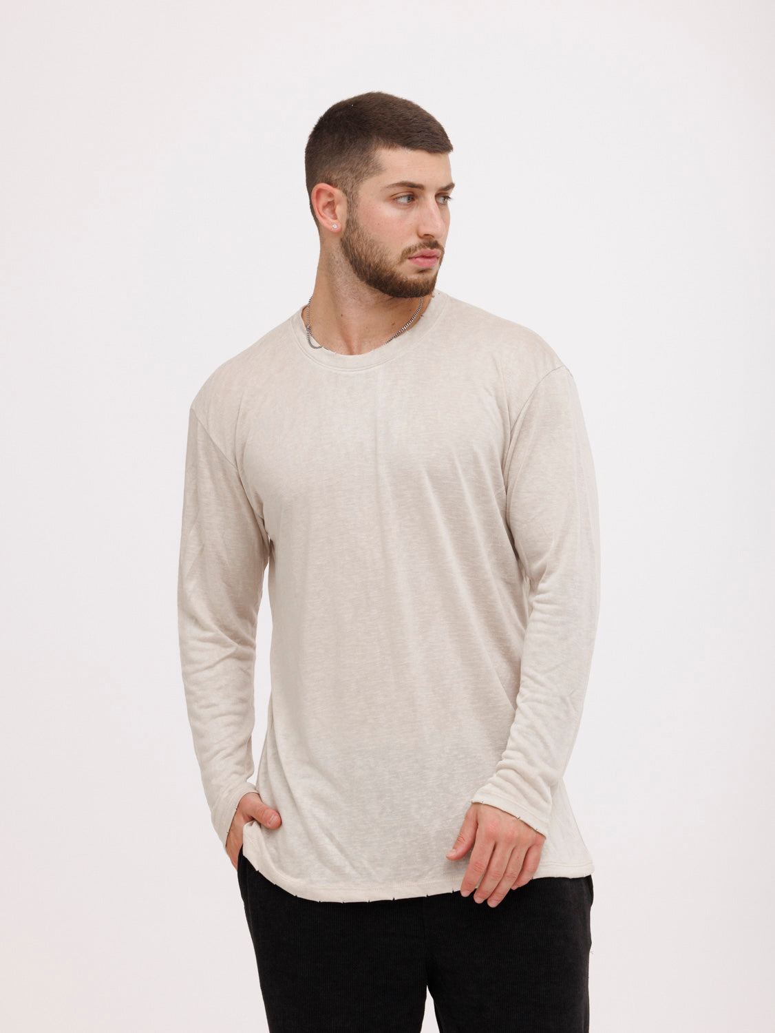 CREW Milano Linen Long Sleeve T-Shirt Beige
