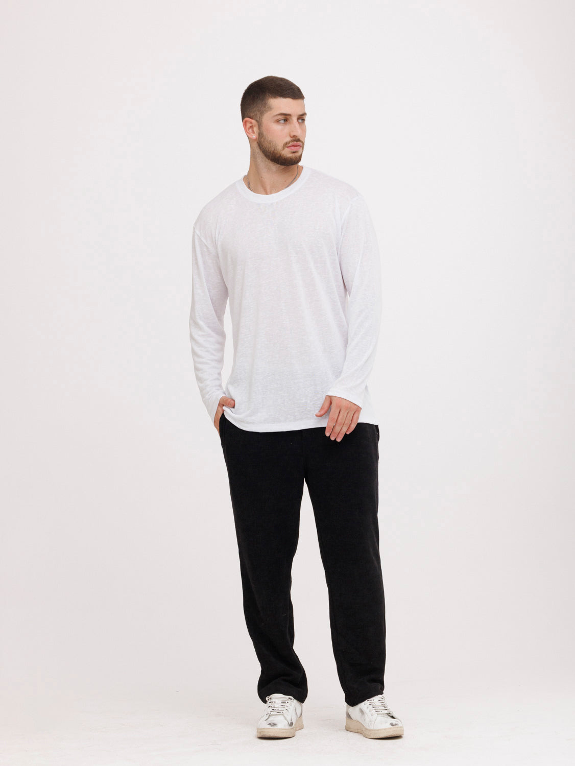 CREW Milano Linen Long Sleeve T-Shirt White