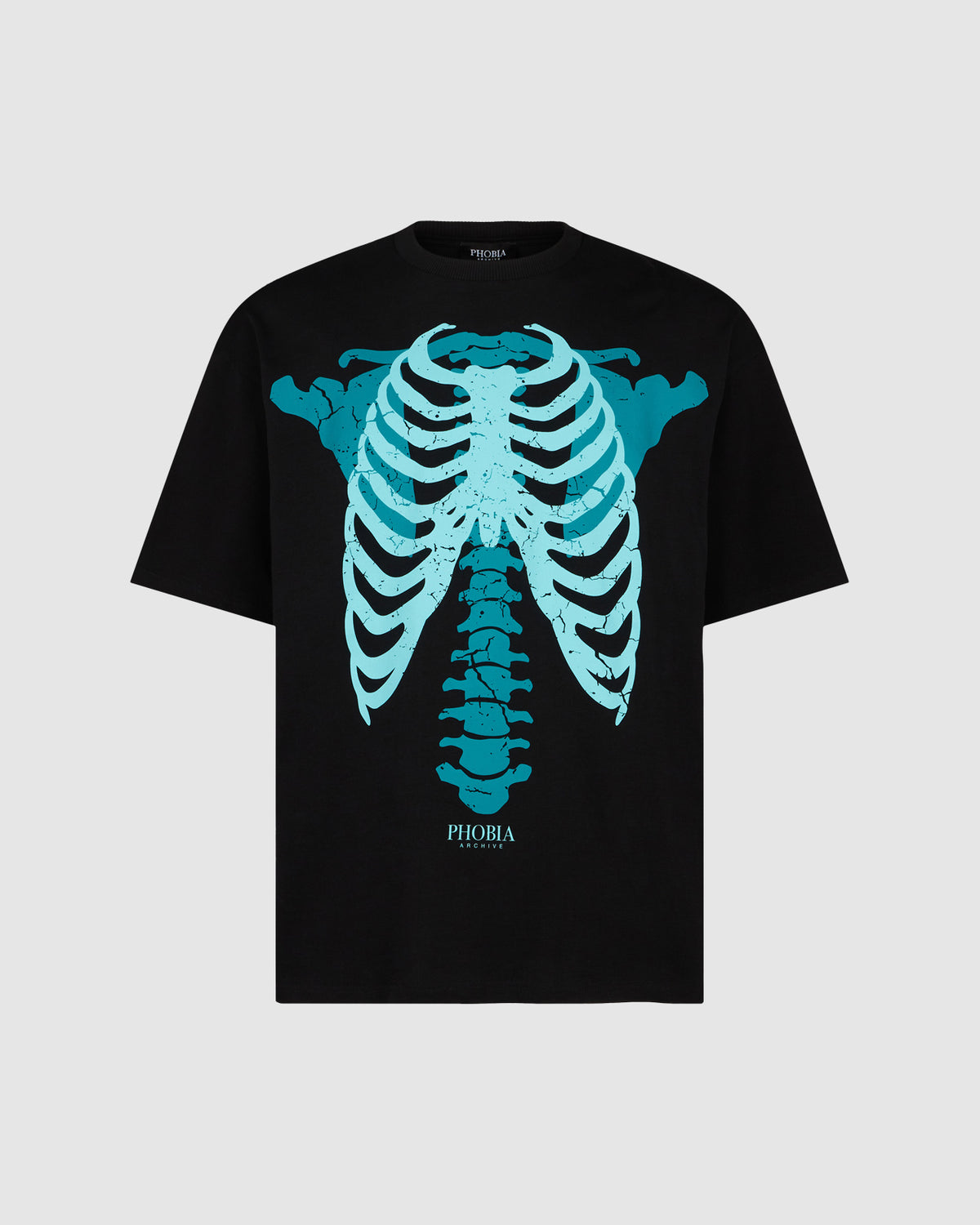 PHOBIA BLACK T-SHIRT WITH BLUE BONES PRINT