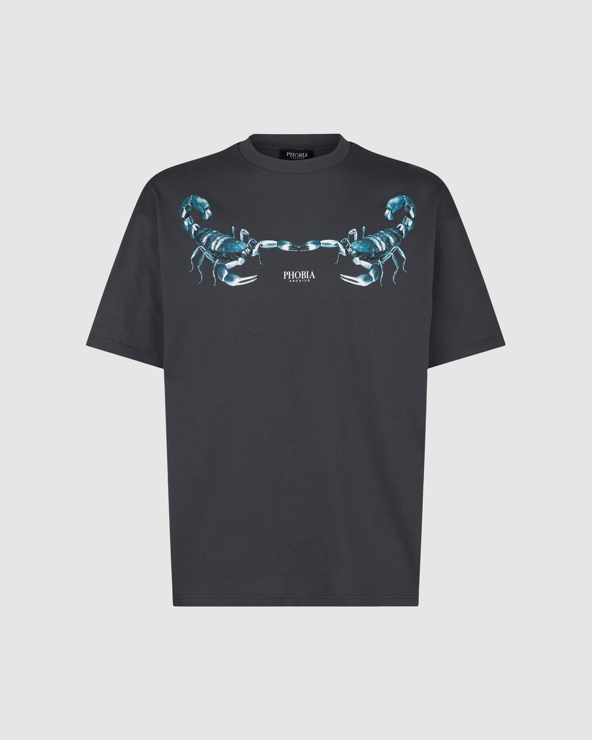 PHOBIA GREY T-SHIRT WITH BLUE SCORPION PRINT