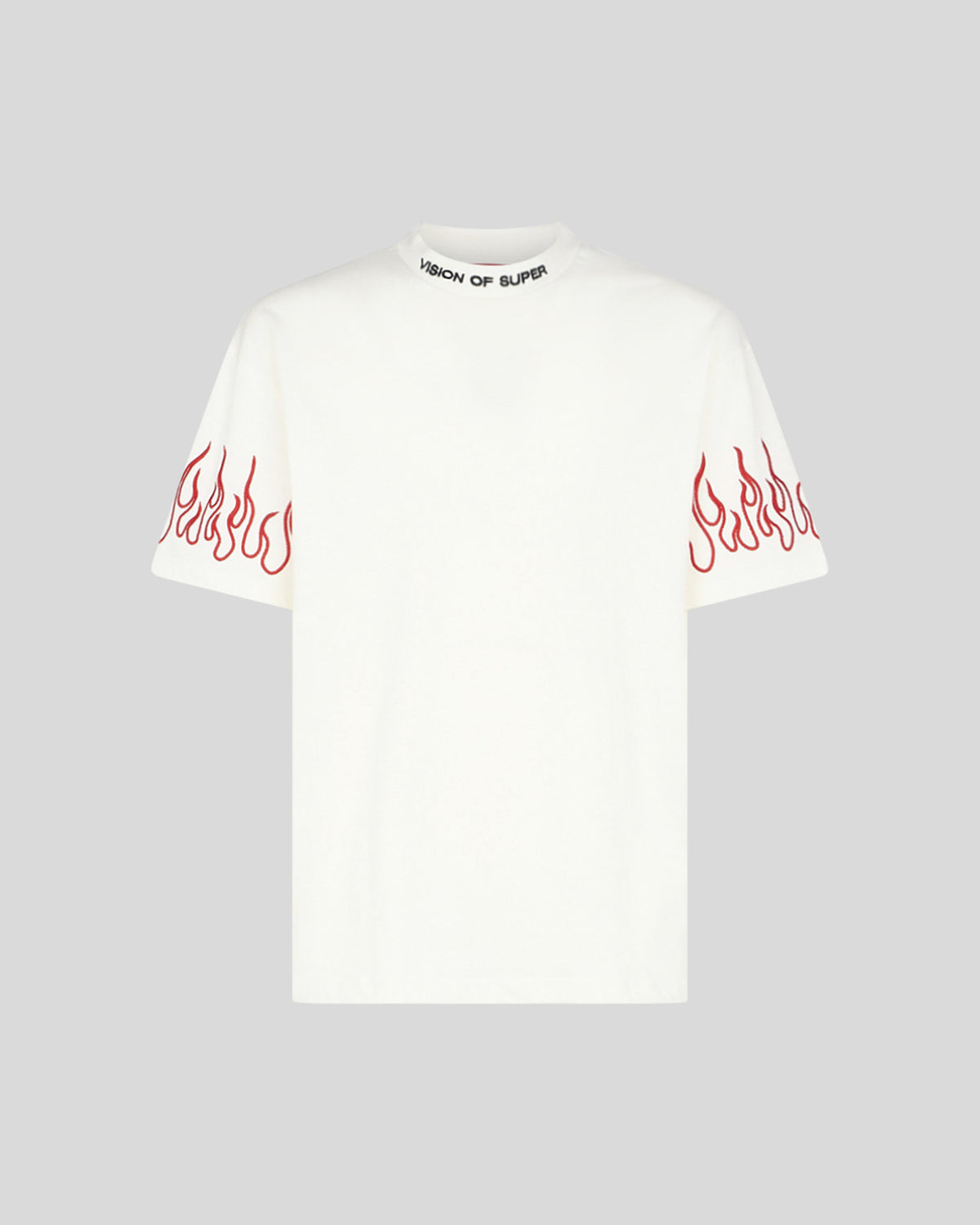 VISION OF SUPER WHITE TSHIRT WITH RED EMBROIDERED FLAMES