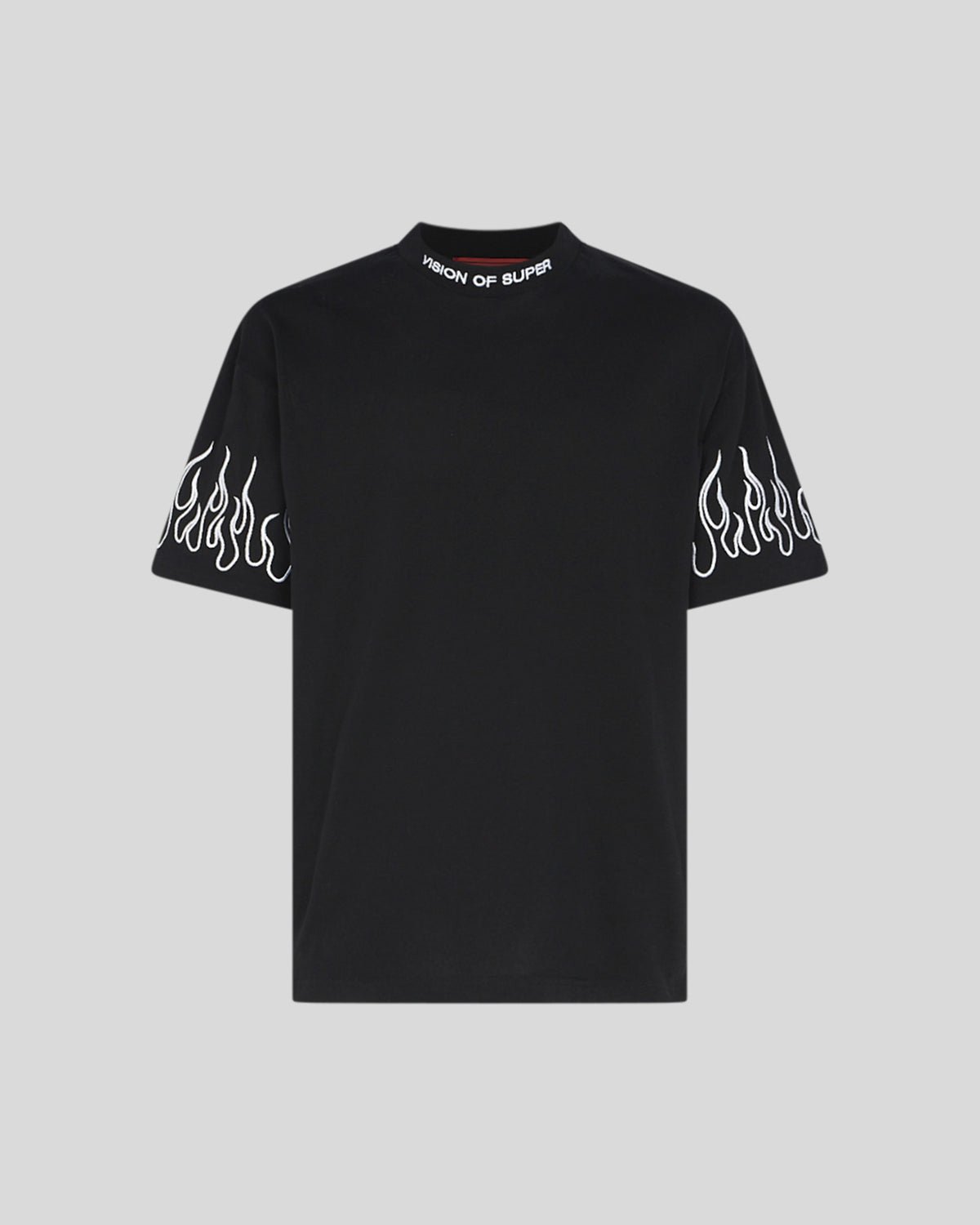 VISION OF SUPER BLACK TSHIRT WITH WHITE EMBROIDERED FLAMES