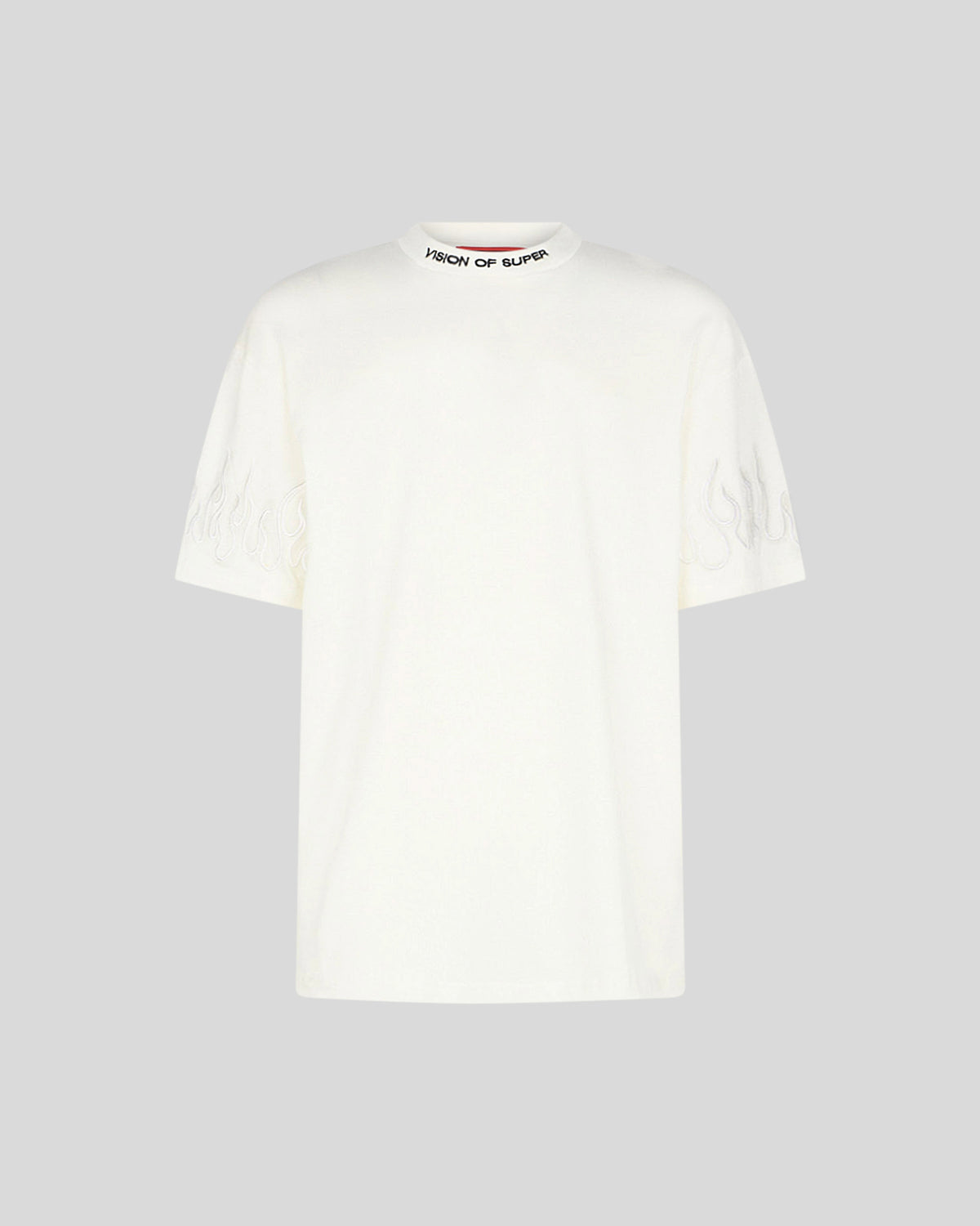 VISION OF SUPER WHITE TSHIRT WITH WHITE EMBROIDERED FLAMES