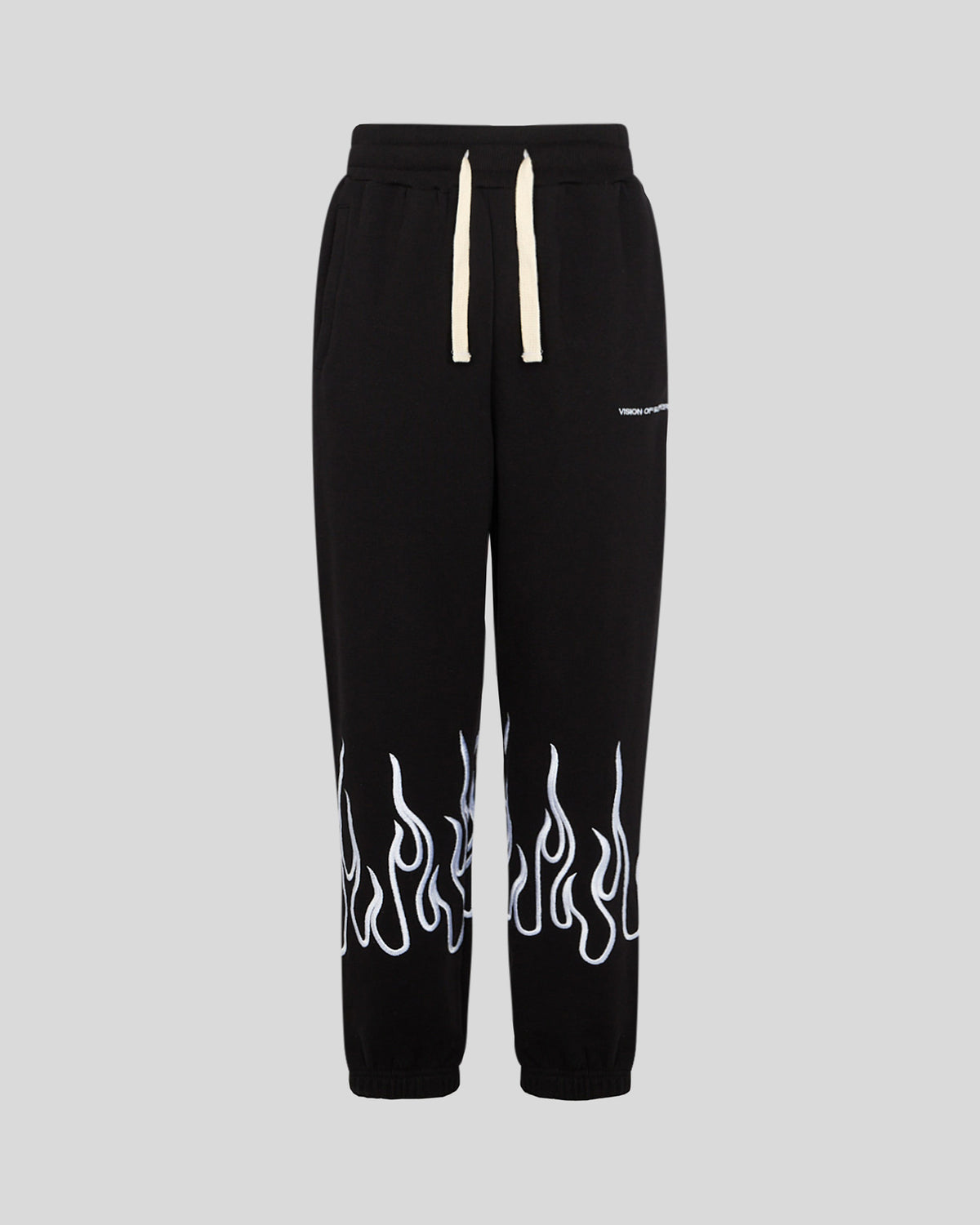 VISION OF SUPER BLACK PANTS WITH WHITE EMBROIDERED FLAMES
