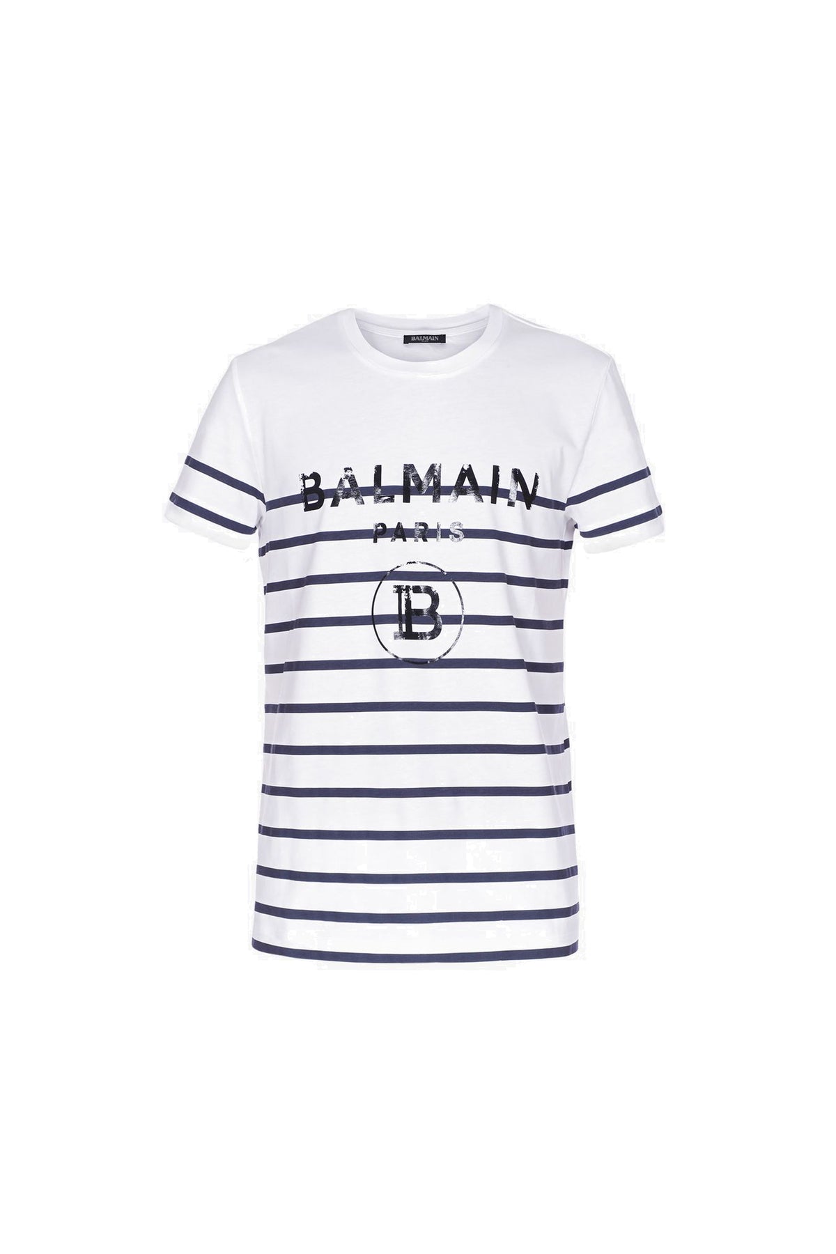 Balmain White and blue striped cotton T-shirt with black logo
