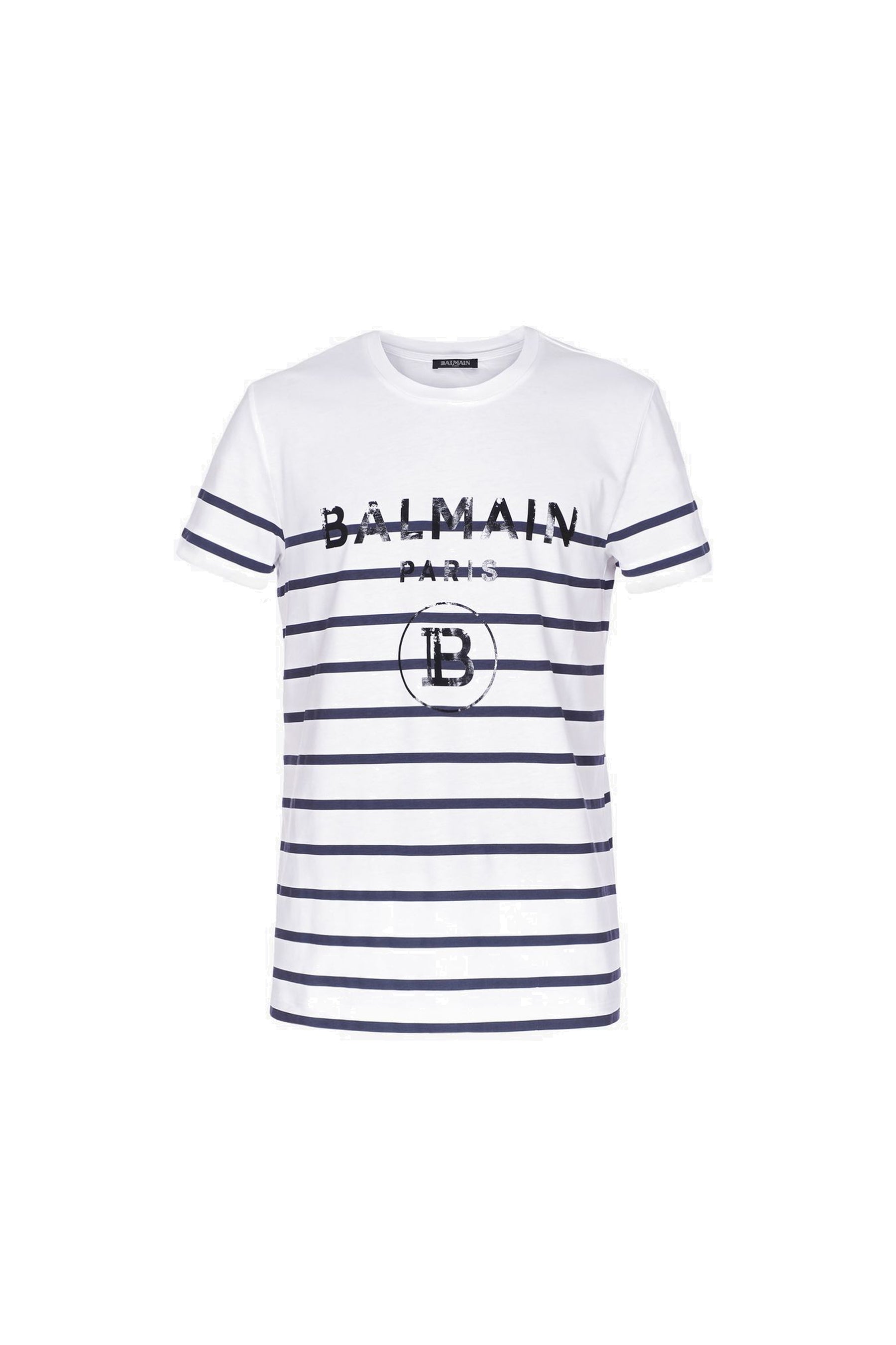 Balmain White and blue striped cotton T-shirt with black logo