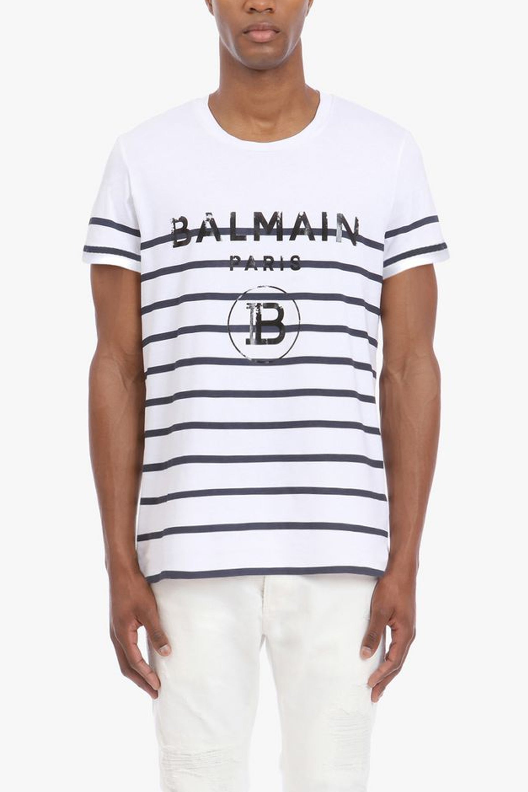 Balmain White and blue striped cotton T-shirt with black logo