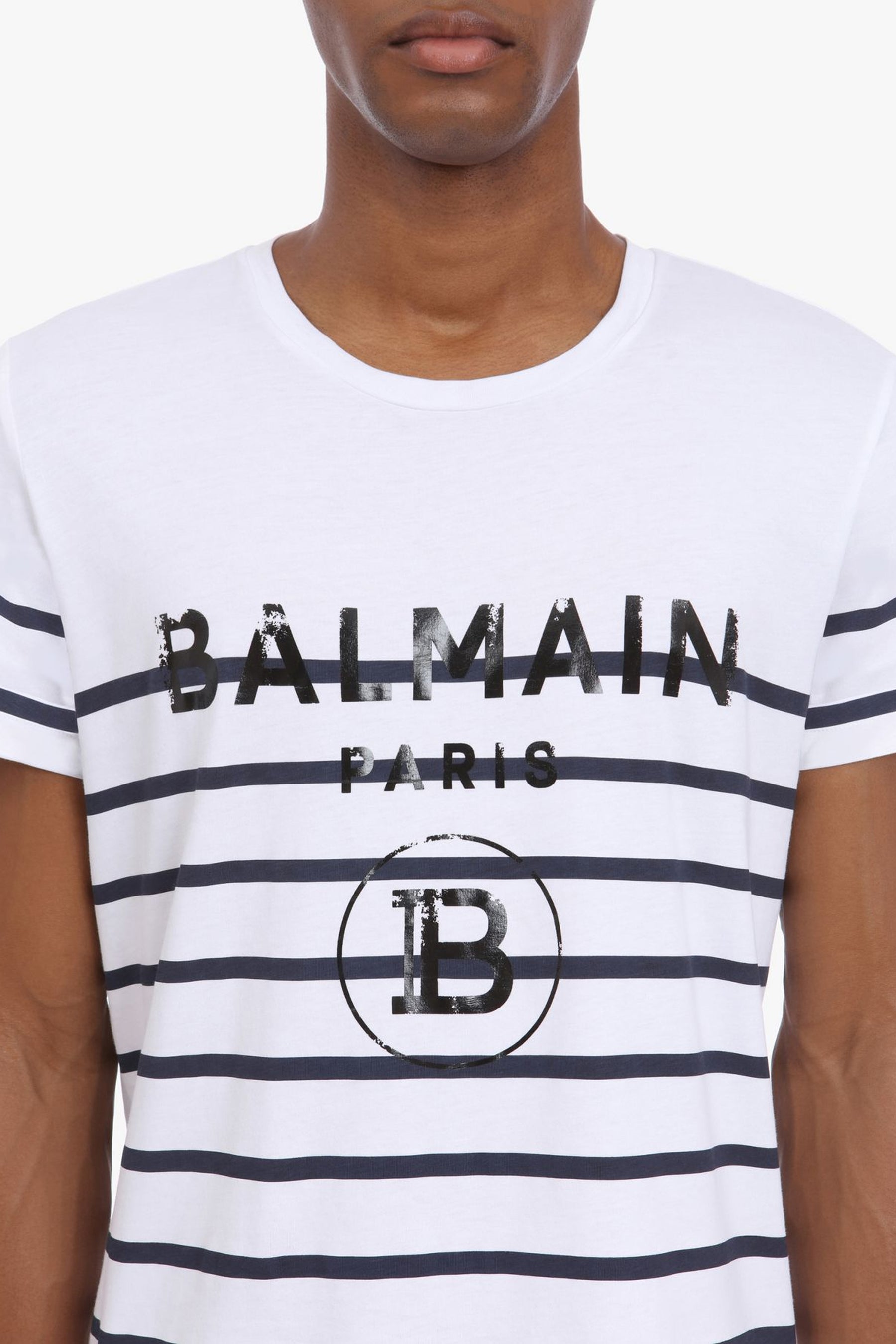 Balmain White and blue striped cotton T-shirt with black logo