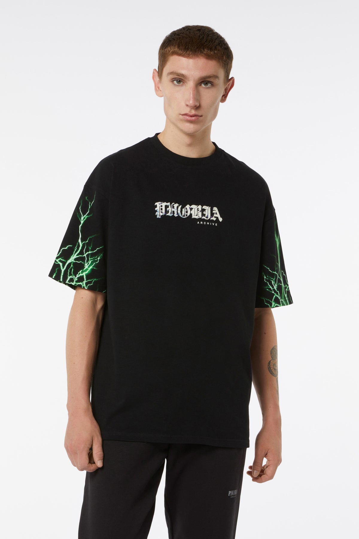 PHOBIA Black T-Shirt with Green lightning on sleeves