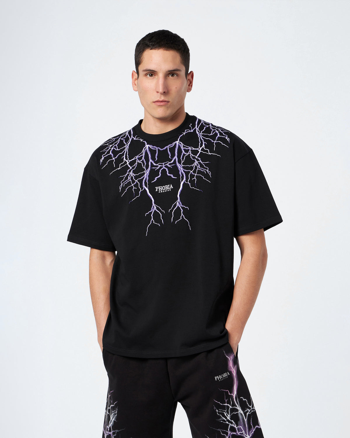 PHOBIA BLACK T-SHIRT WITH PURPLE EMBROIDERY LIGHTNING