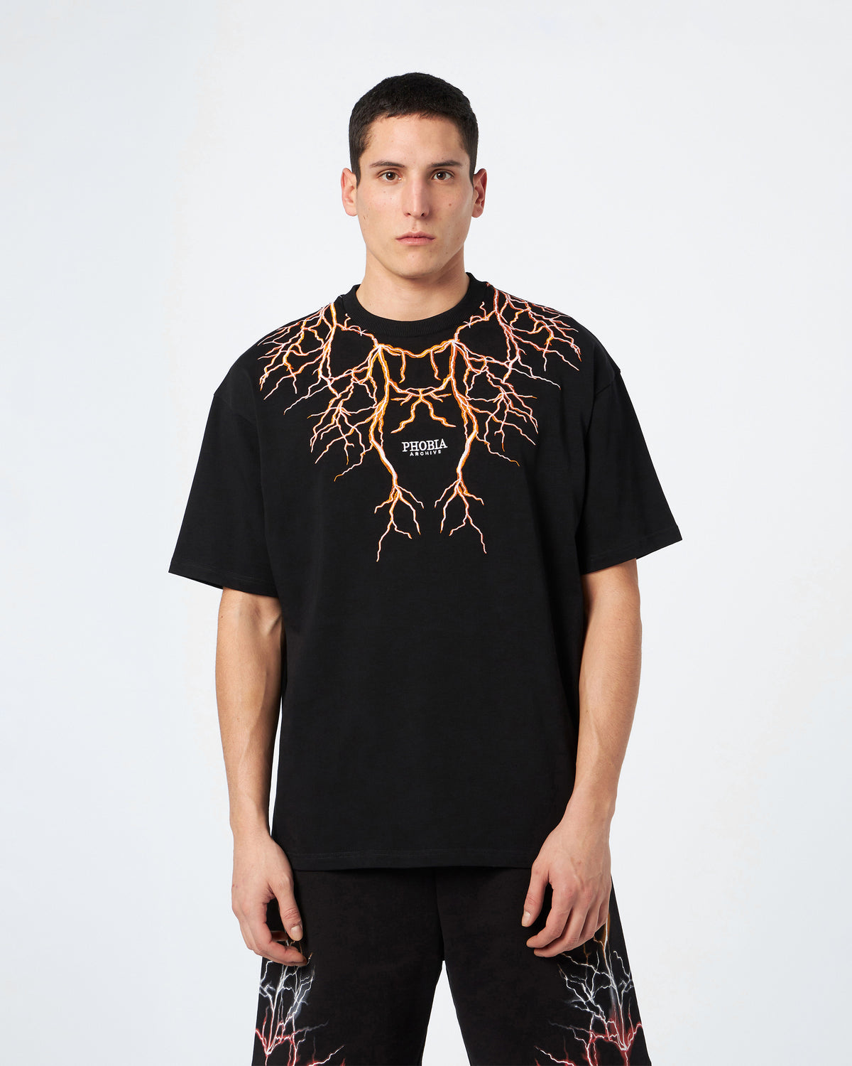 PHOBIA BLACK T-SHIRT WITH ORANGE EMBROIDERY LIGHTNING