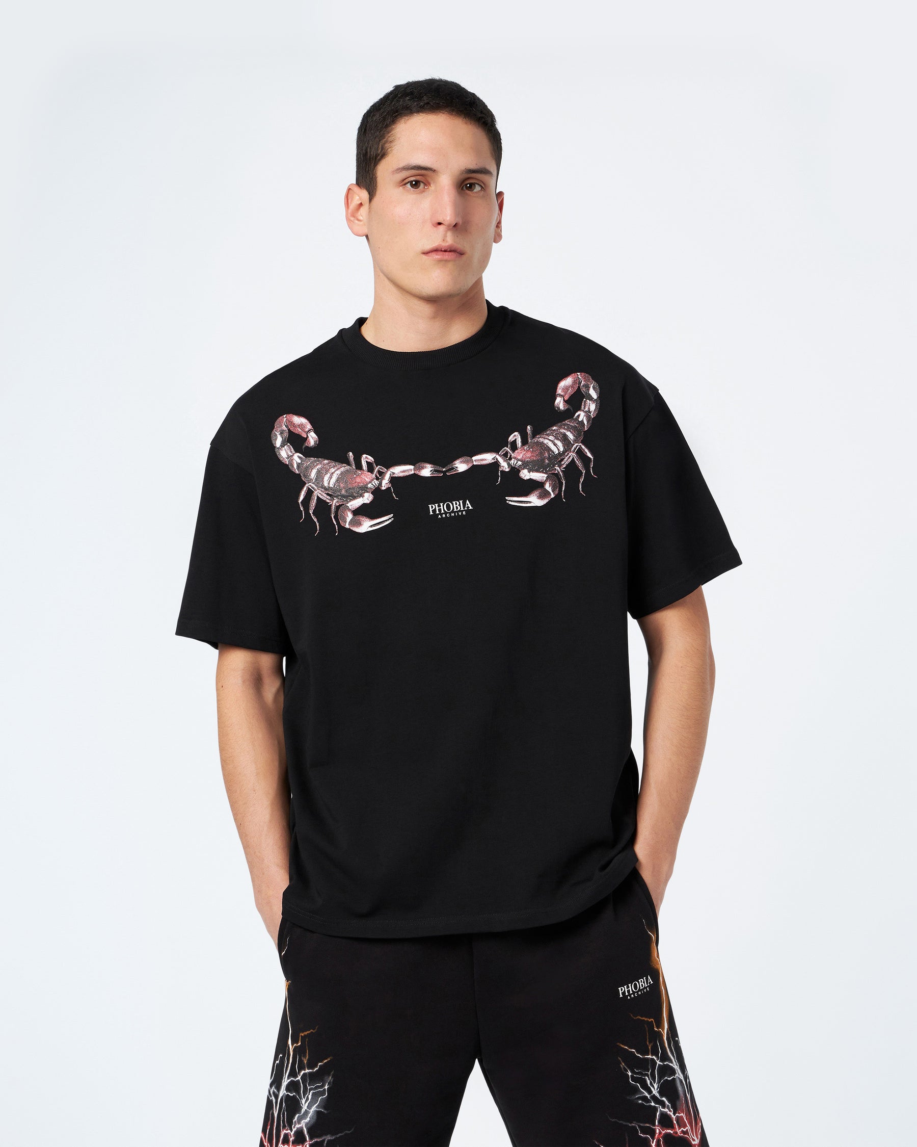 PHOBIA BLACK T-SHIRT WITH GREEN SCORPION PRINT