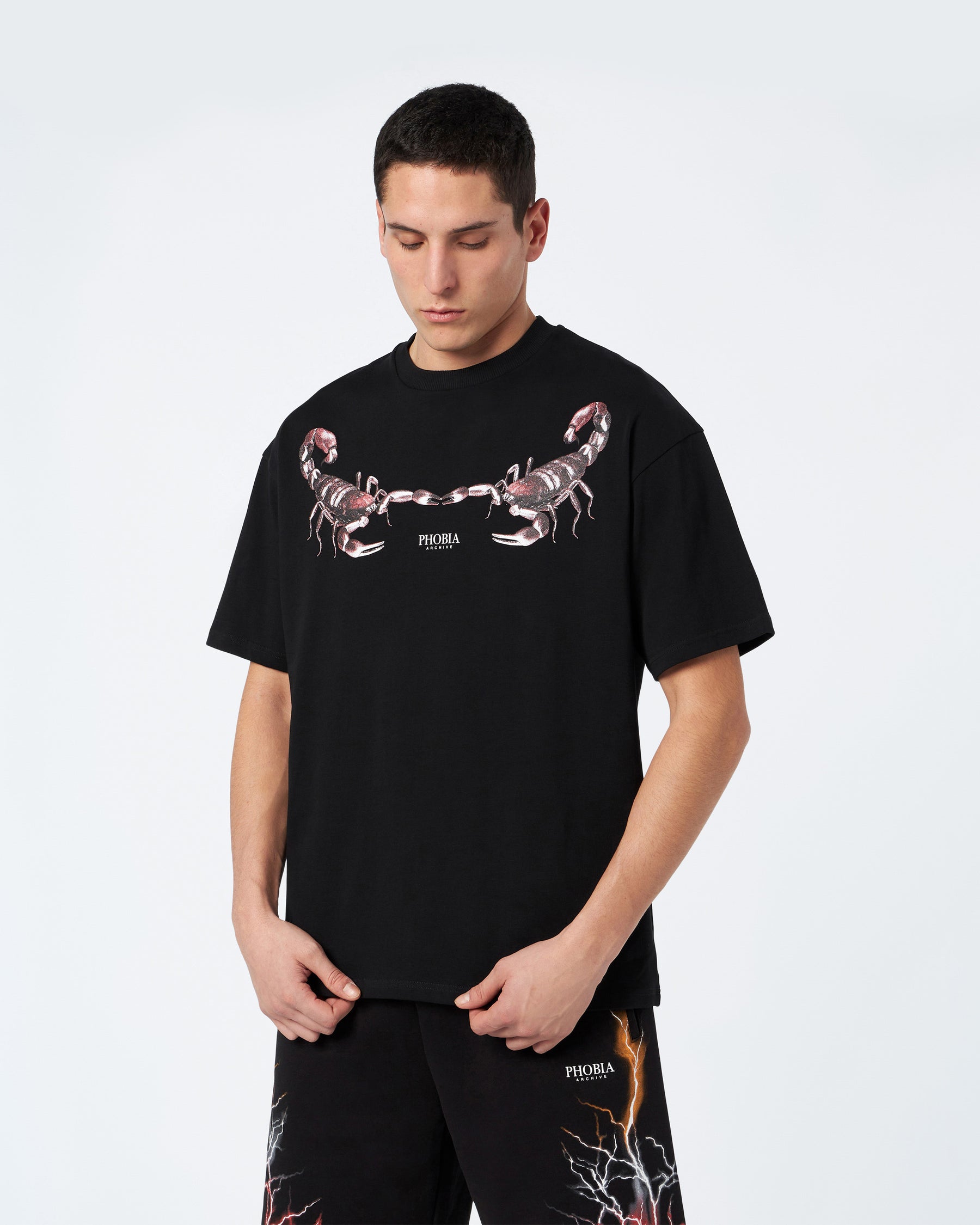 PHOBIA BLACK T-SHIRT WITH GREEN SCORPION PRINT