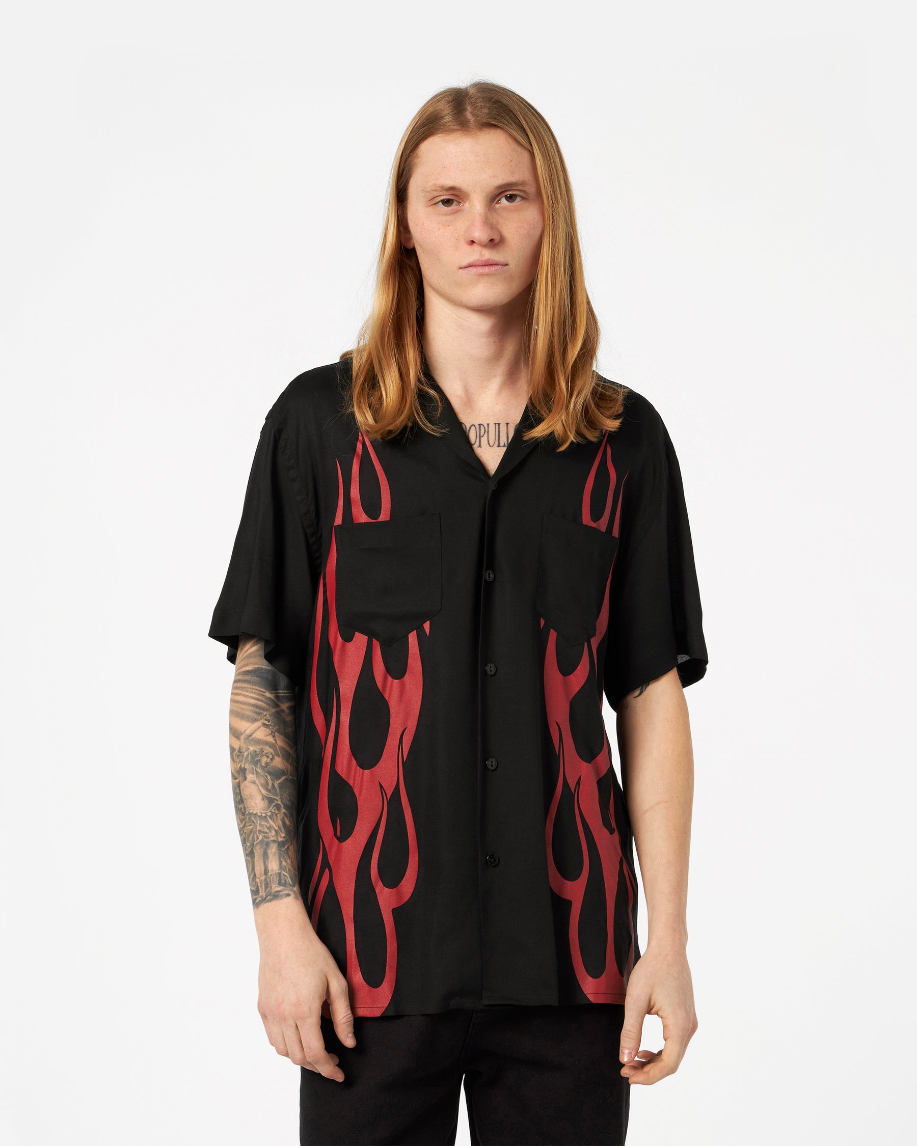 VISION OF SUPER BLACK SHIRT WITH RED FLAMES