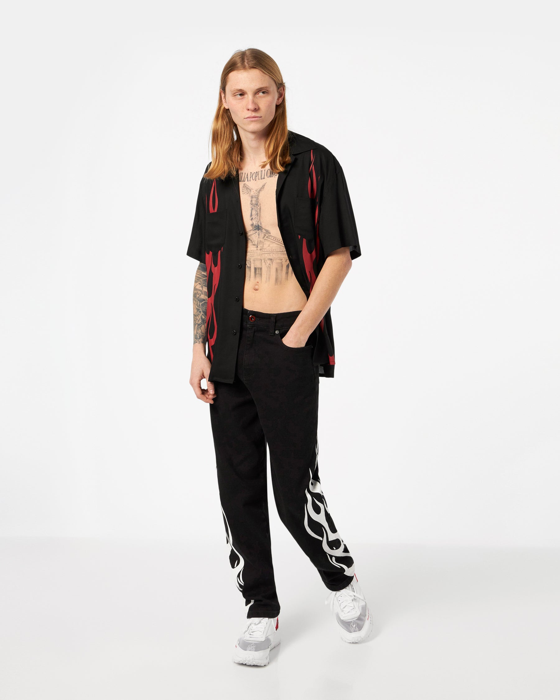 VISION OF SUPER BLACK SHIRT WITH RED FLAMES