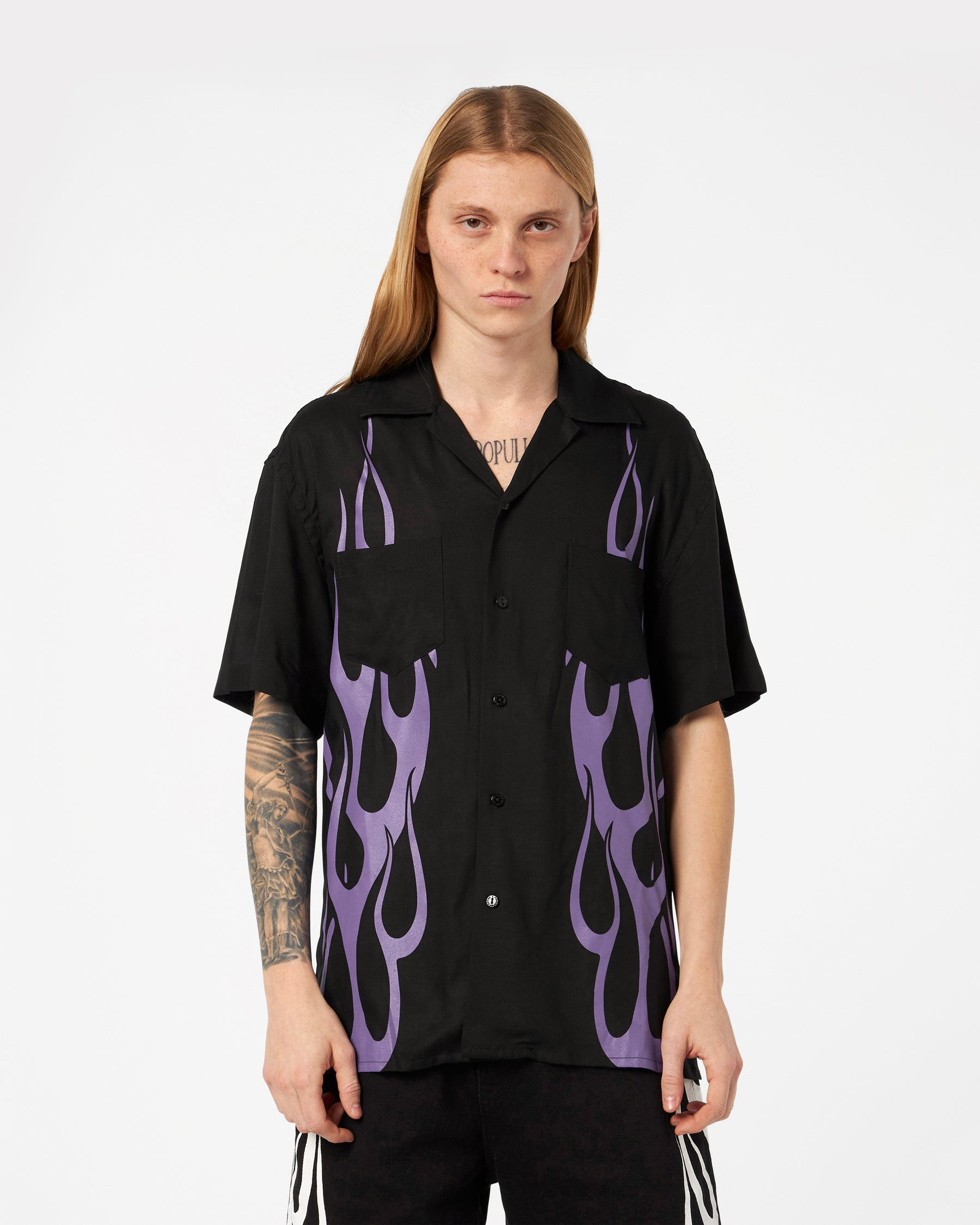 VISION OF SUPER BLACK SHIRT WITH PURPLE FLAMES