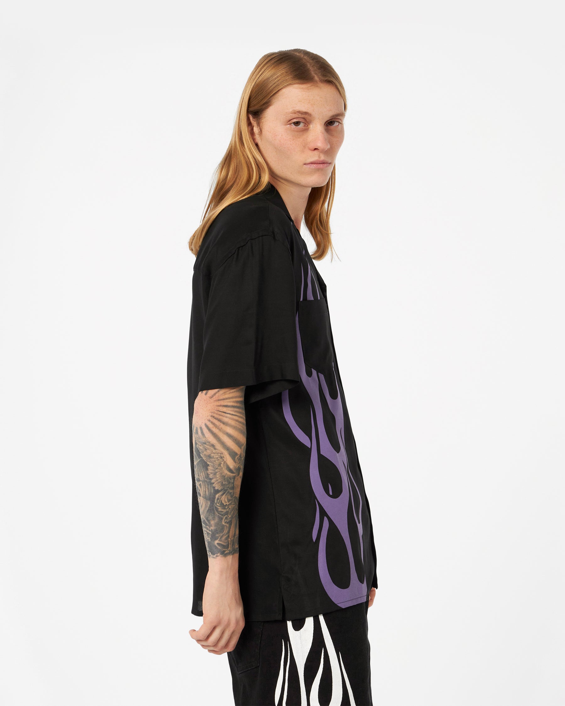 VISION OF SUPER BLACK SHIRT WITH PURPLE FLAMES
