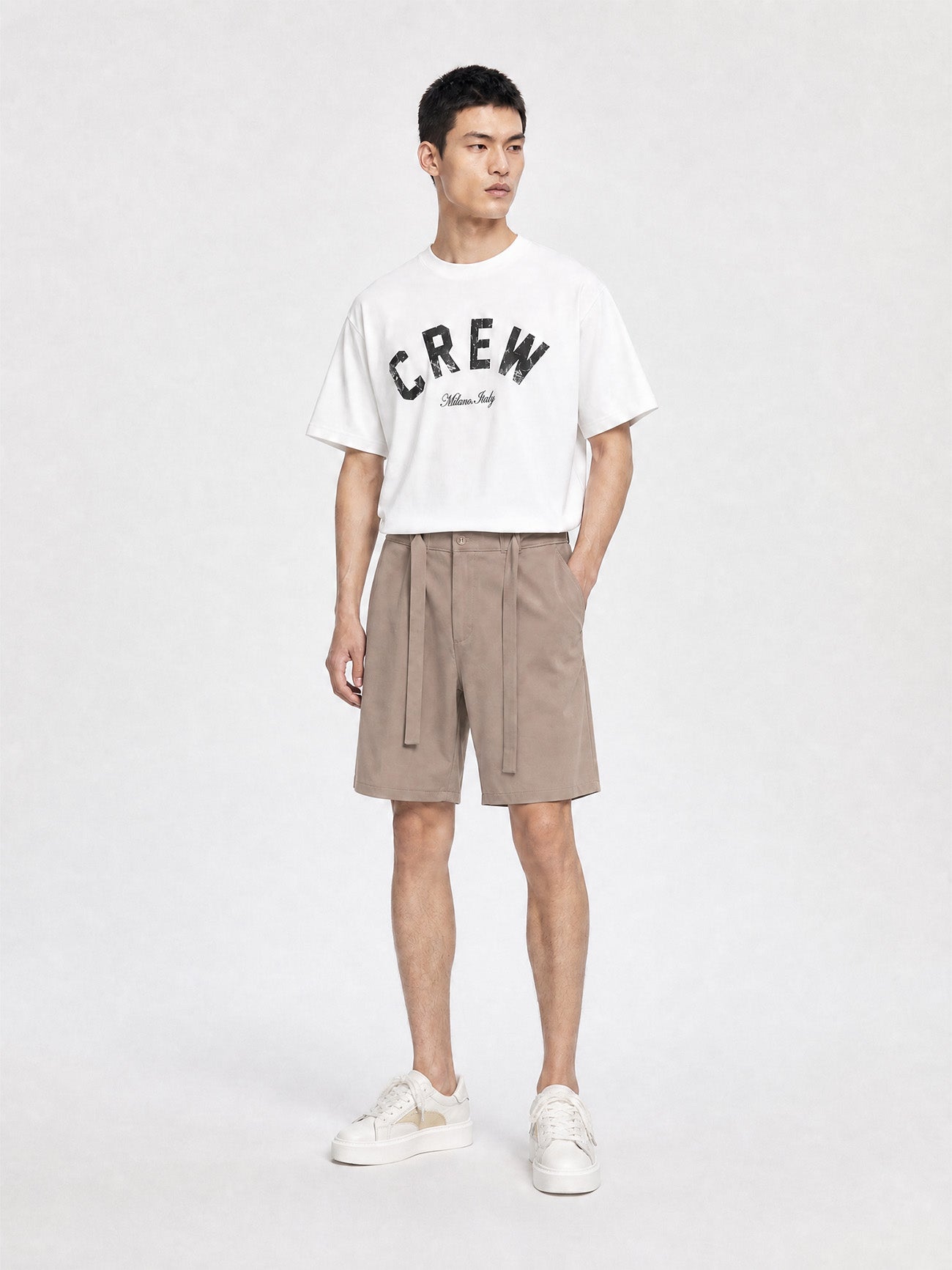 CREW Milano Elegant Belt Shorts Khaki