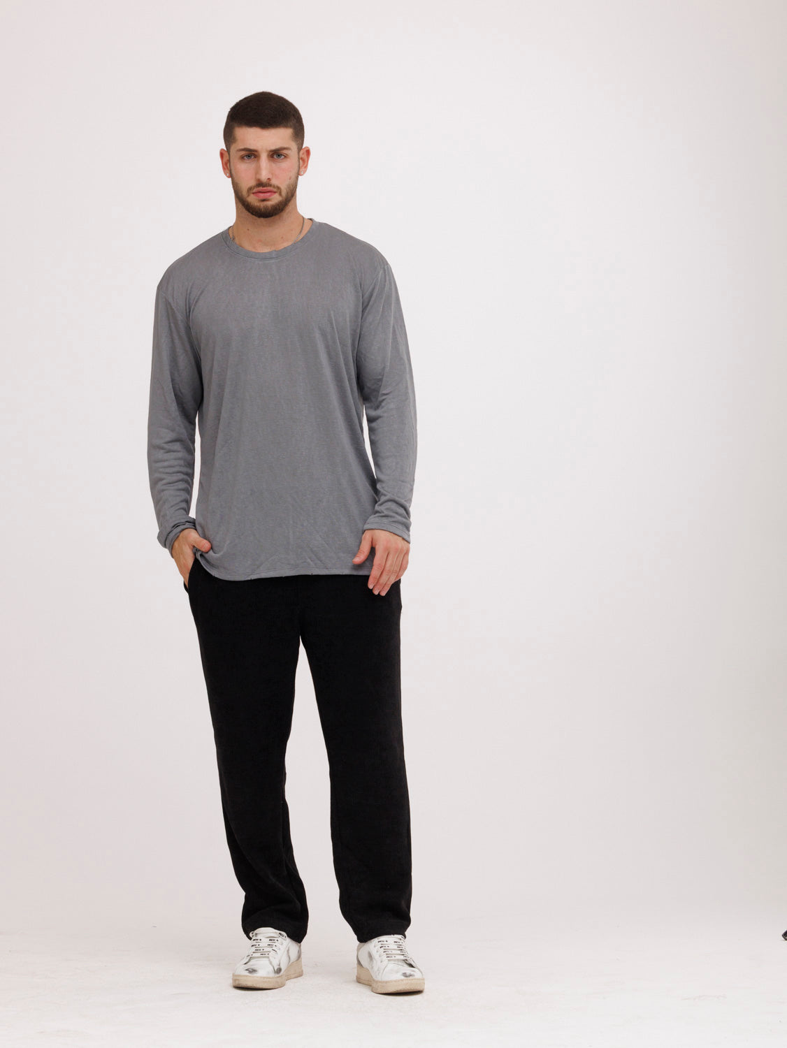 CREW Milano Linen Long Sleeve T-Shirt Grey