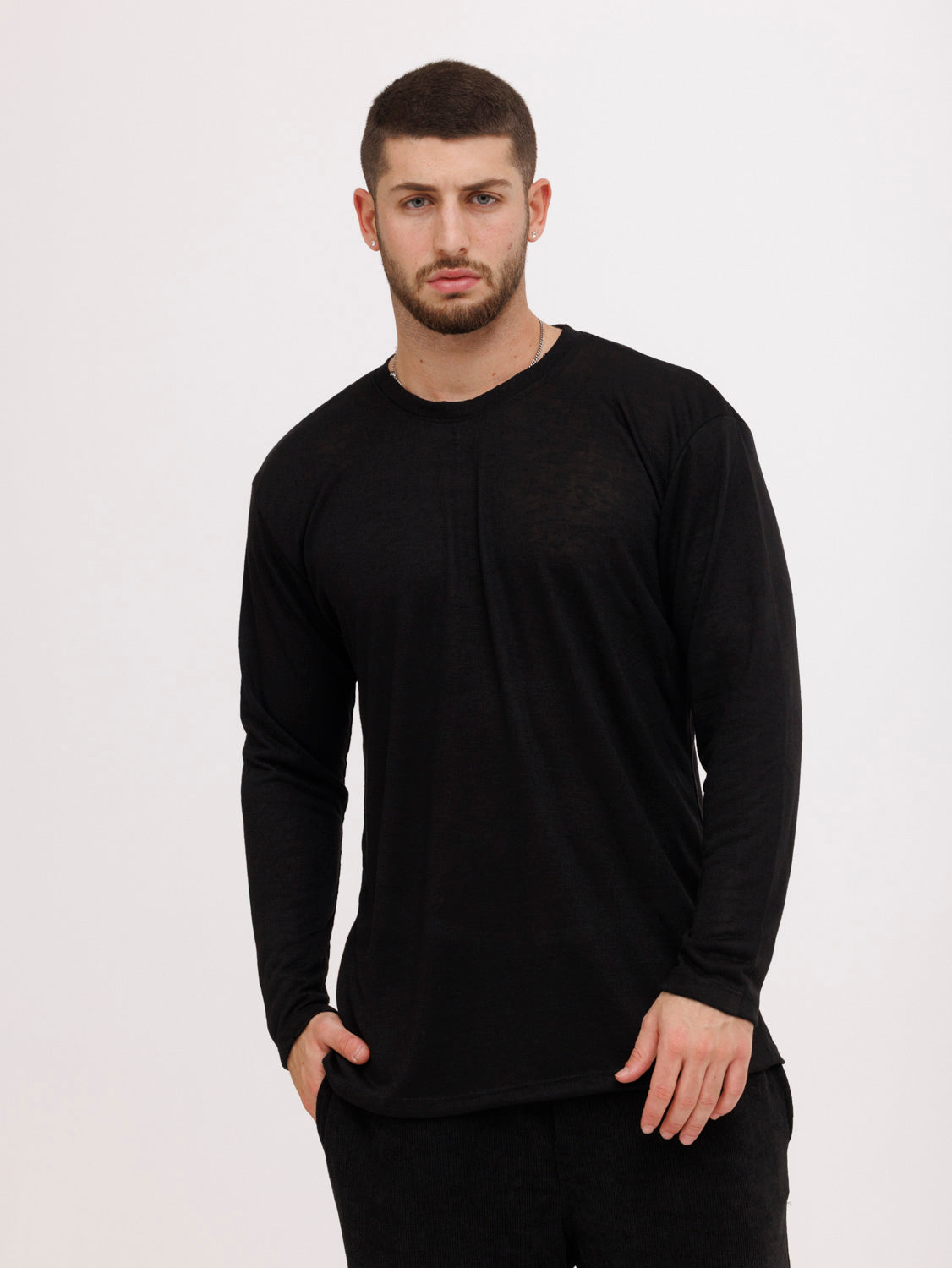 CREW Milano Linen Long Sleeve T-Shirt Black