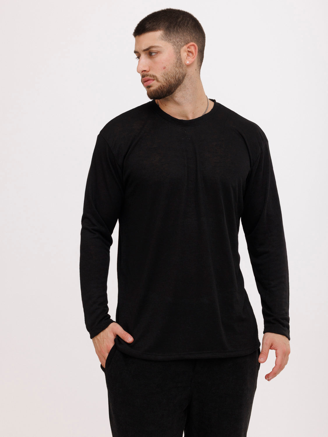 CREW Milano Linen Long Sleeve T-Shirt Black