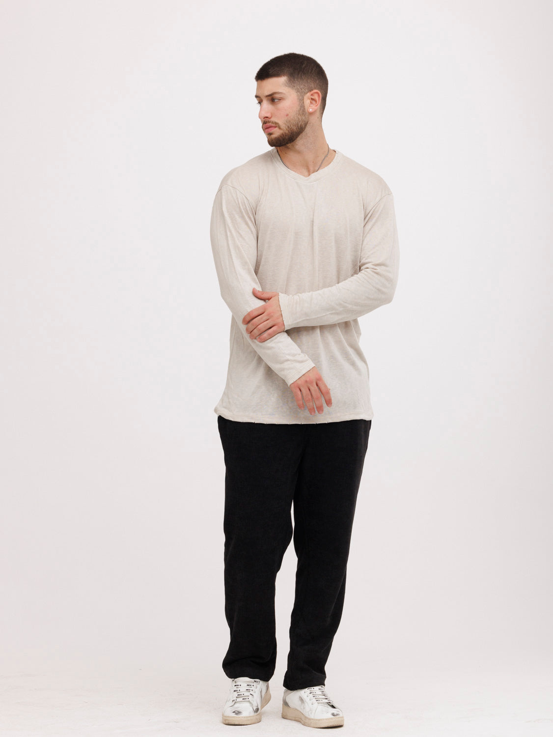 CREW Milano Linen Long Sleeve T-Shirt Beige