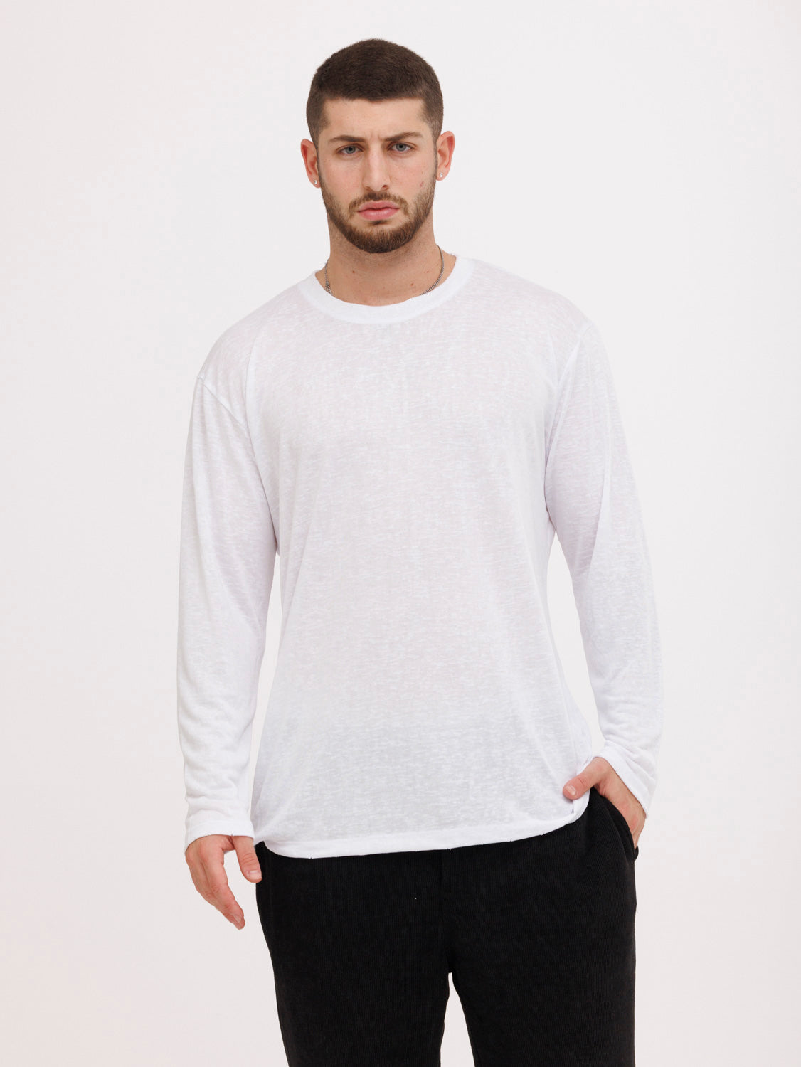 CREW Milano Linen Long Sleeve T-Shirt White