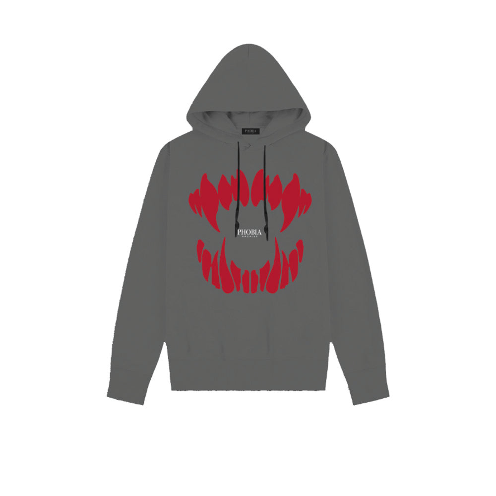 PHOBIA GREY HOODIE WITH RED MOUTH PRINT