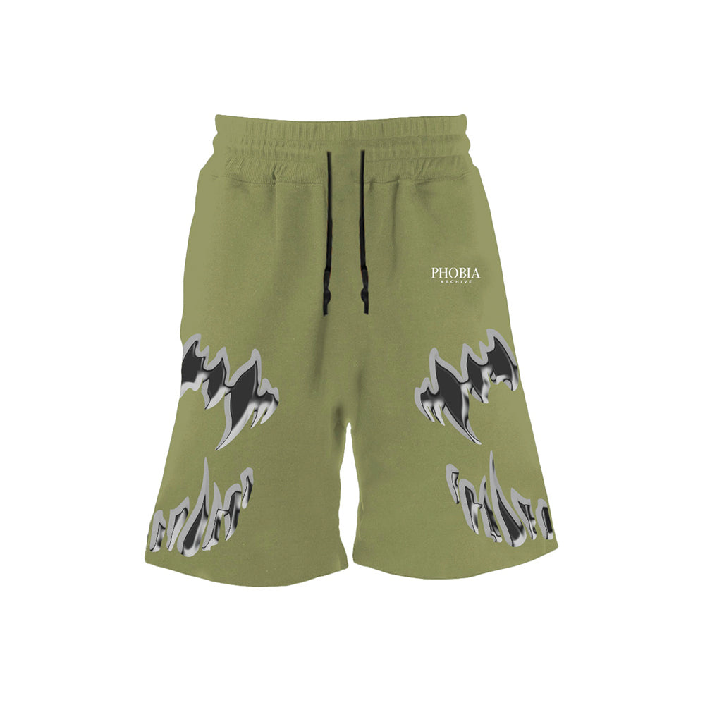 PHOBIA GREEN SHORTS WITH GREY MOUTH PRINT