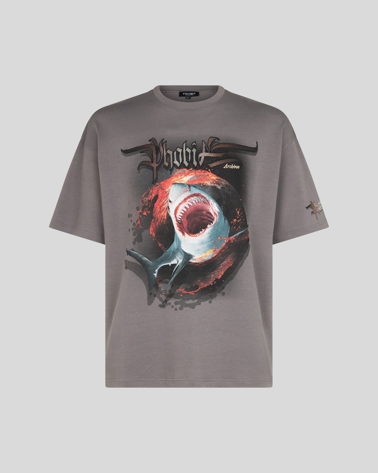 PHOBIA GREY T-SHIRT WITH SHARK PRINT