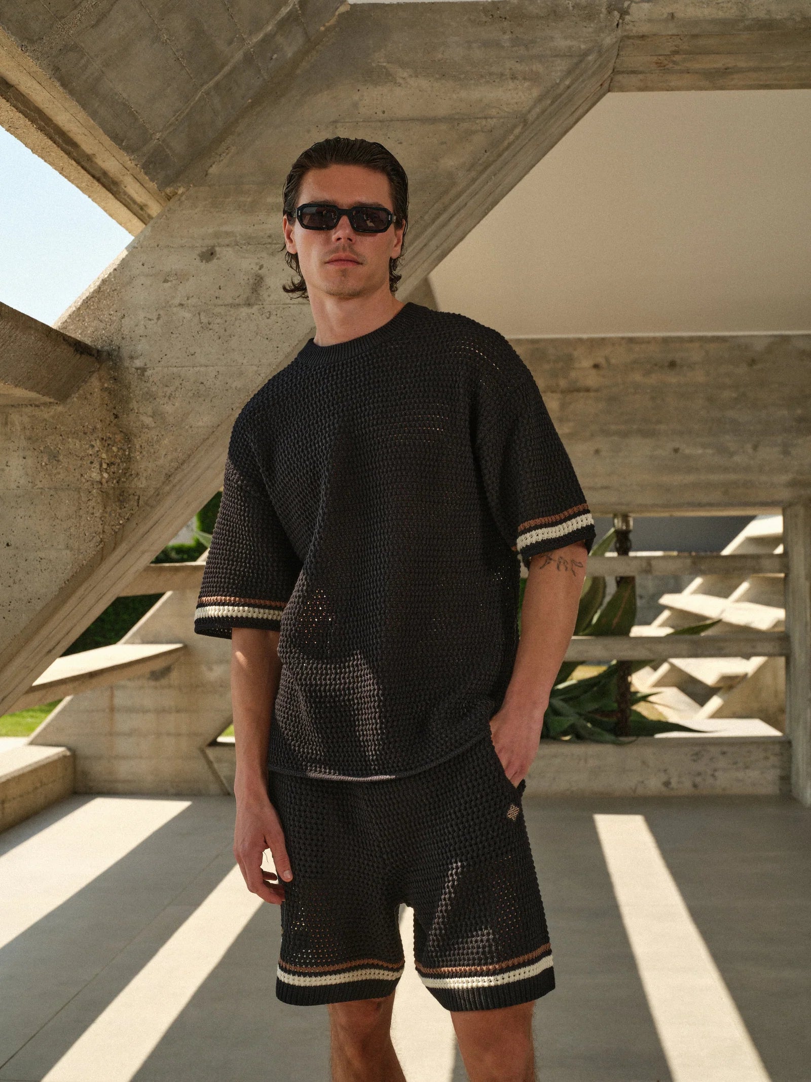 The Couture Club Crochet Knitted Stripe T-Shirt