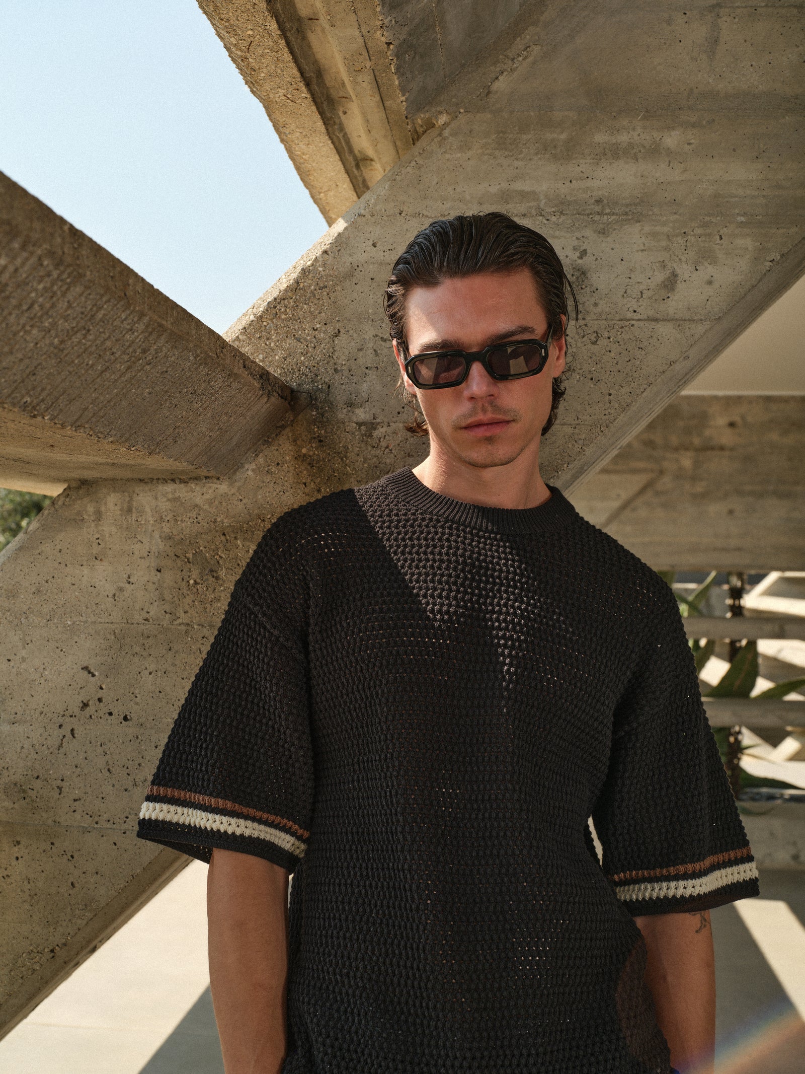 The Couture Club Crochet Knitted Stripe T-Shirt
