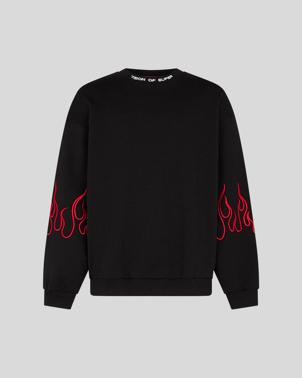 VISION OF SUPER BLACK CREWNECK WITH RED EMBROIDERED FLAMES
