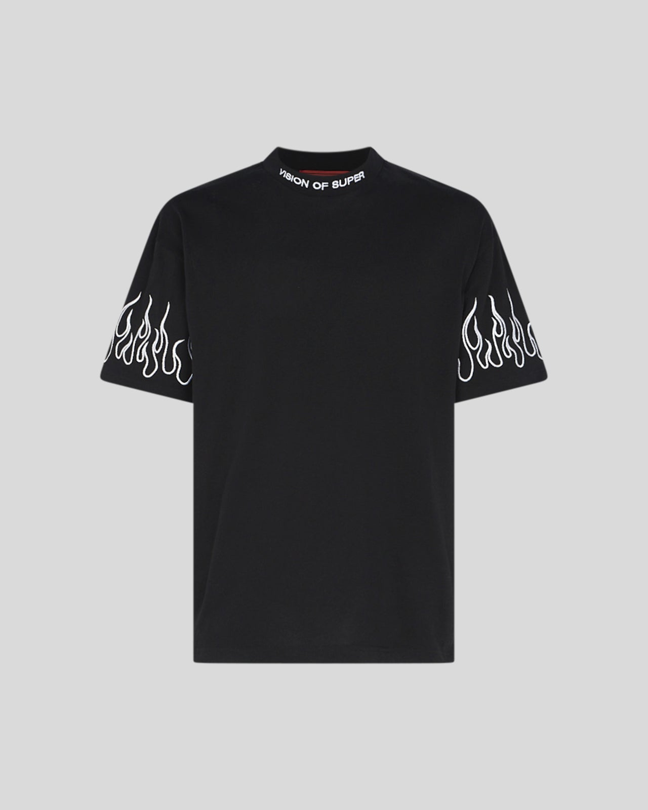 VISION OF SUPER BLACK TSHIRT WITH WHITE EMBROIDERED FLAMES