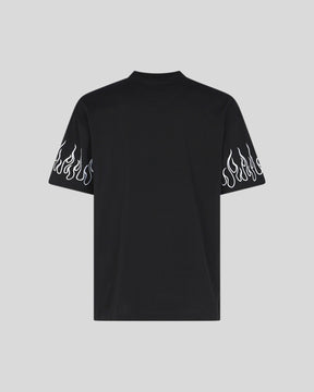 VISION OF SUPER BLACK TSHIRT WITH WHITE EMBROIDERED FLAMES