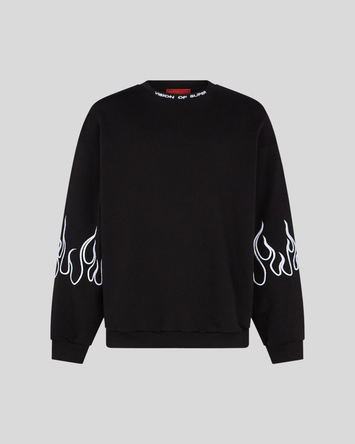 VISION OF SUPER BLACK CREWNECK WITH WHITE EMBROIDERED FLAMES