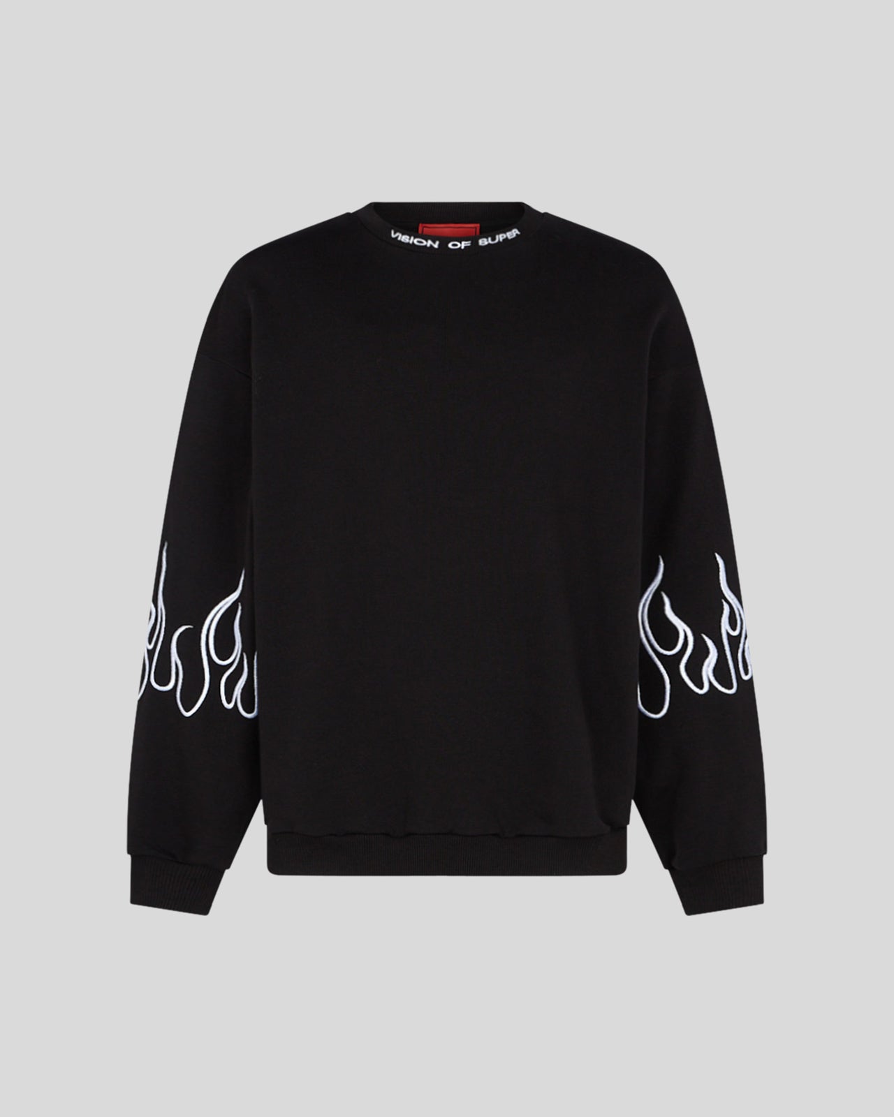 VISION OF SUPER BLACK CREWNECK WITH WHITE EMBROIDERED FLAMES