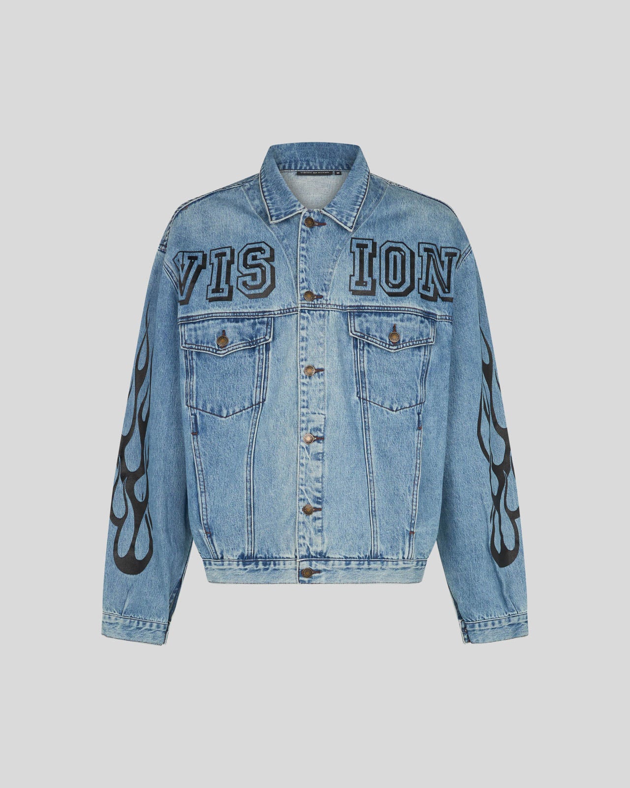 VISION OF SUPER BLUE DENIM JACKET WITH LOGO AND FLAMES