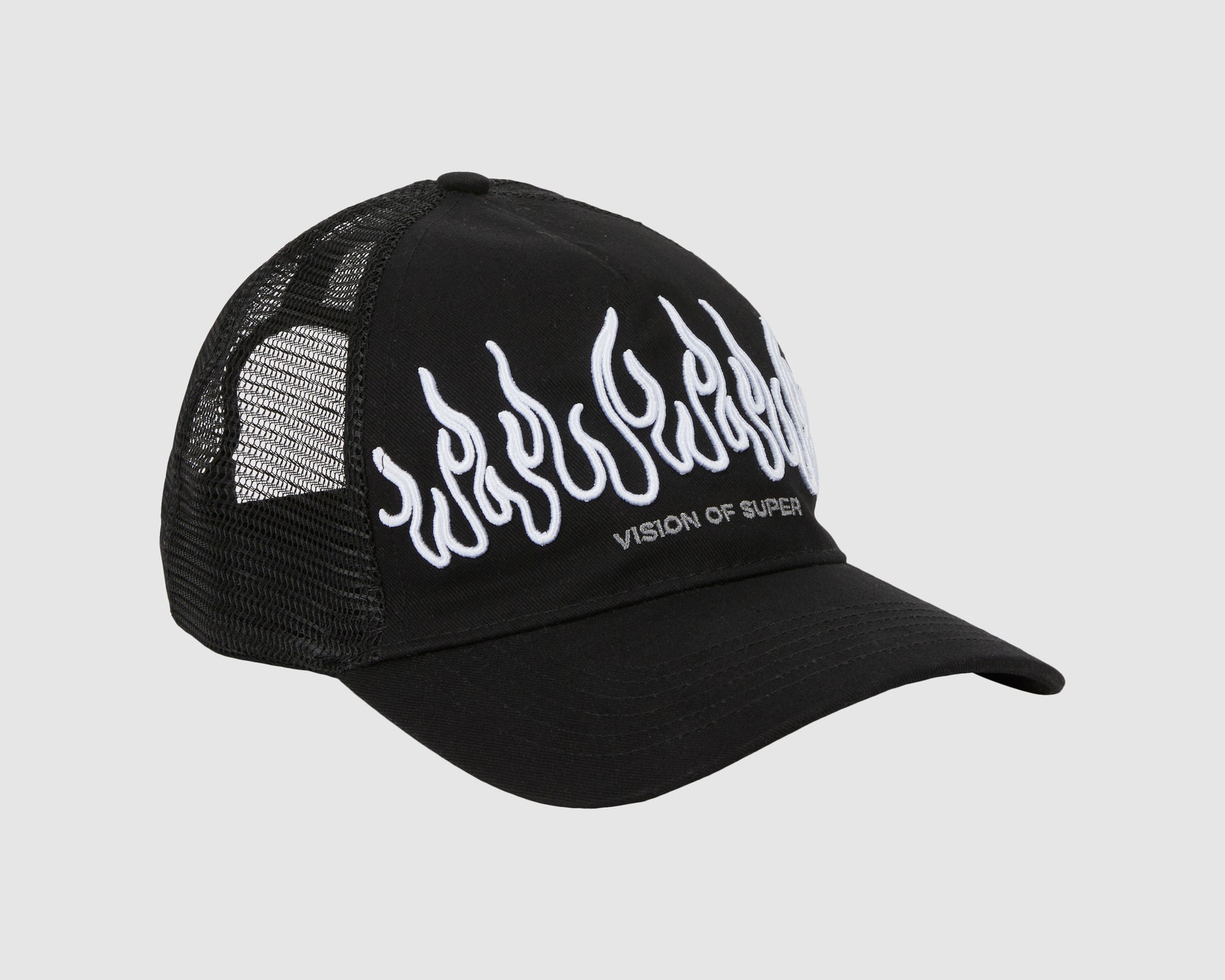 VISION OF SUPER BLACK CAP WITH EMBROIDERED FLAMES