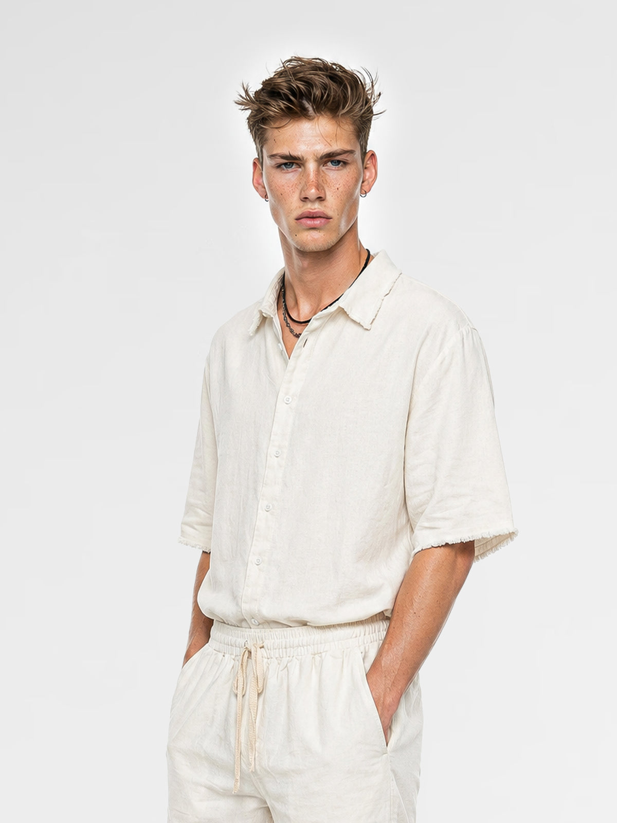 CREW Milano "Mykonos" Linen Set Shirt/Pants Off-White