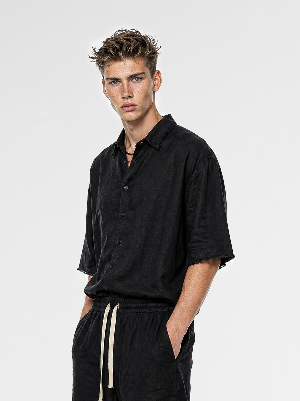 CREW Milano "Mykonos" Linen Set Shirt/Pants Black