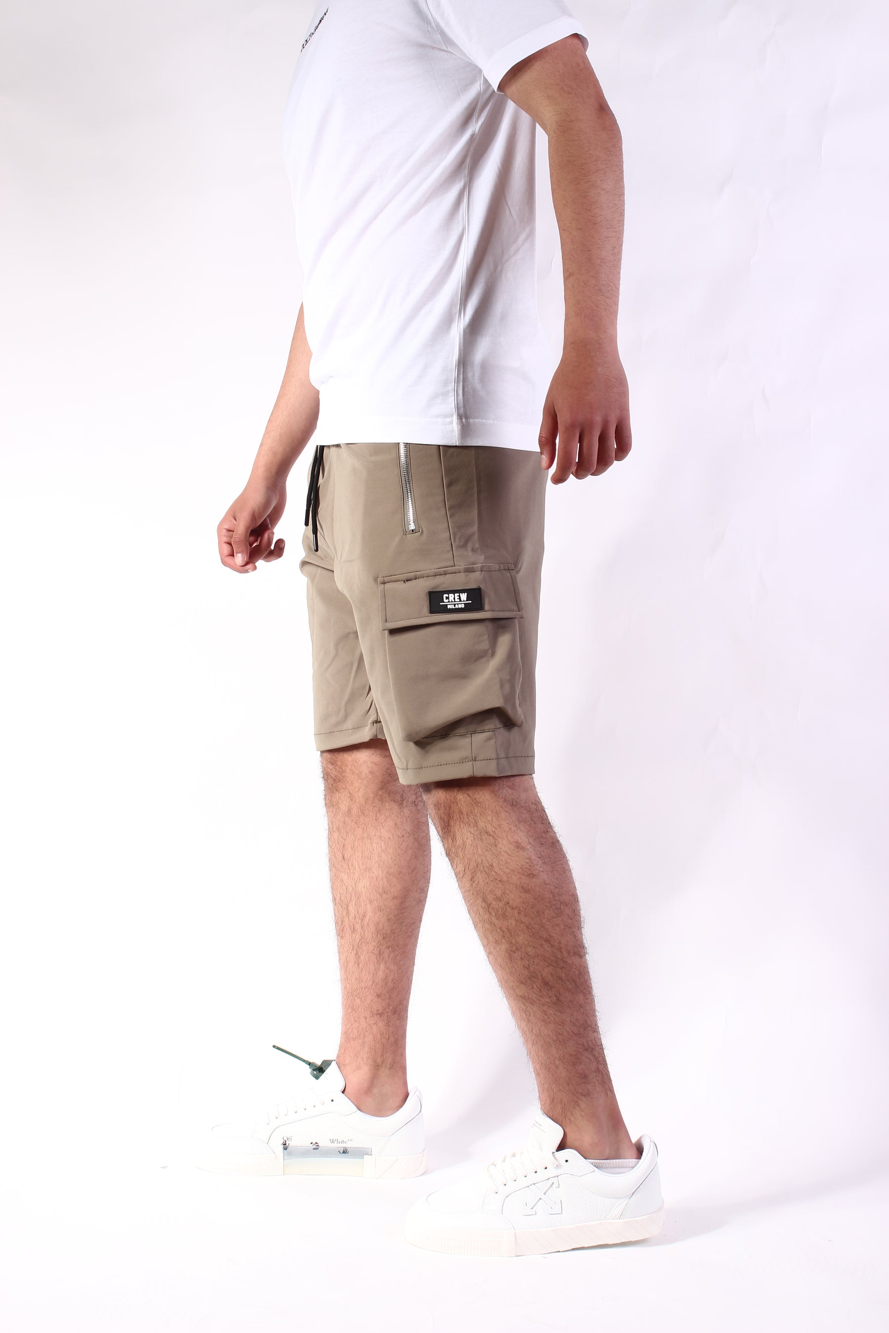 CREW Green Olive Short Cargo Pants Zipper Long Pocket