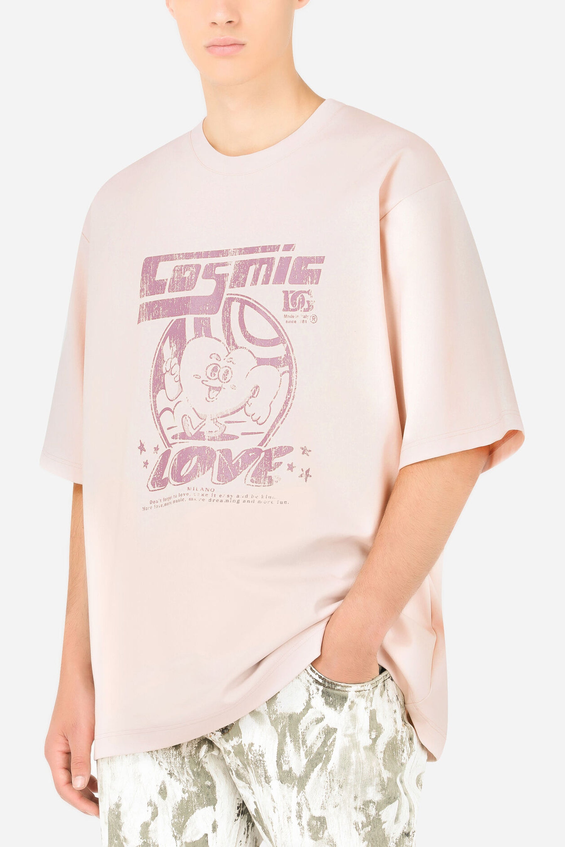 Dolce & Gabbana Pink Printed cotton T-shirt with patch embellishment